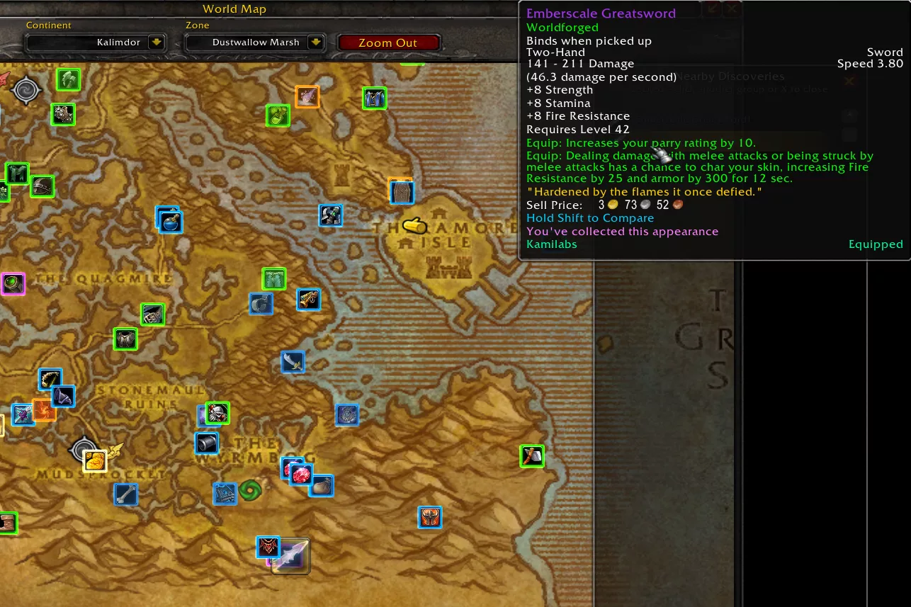 The World of Warcraft world map covered with loot pins colored by rarity