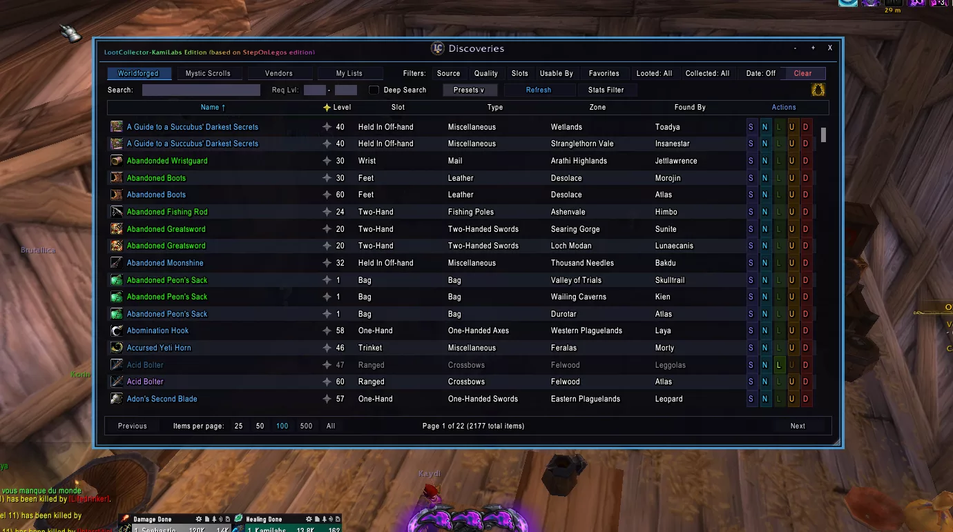 The LootCollector Discoveries window with its filters and item list