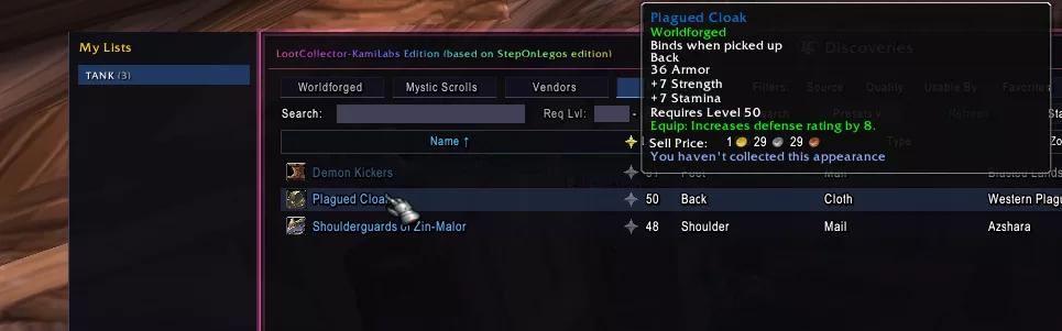 The LootCollector My Lists tab with an item's stats shown in a tooltip