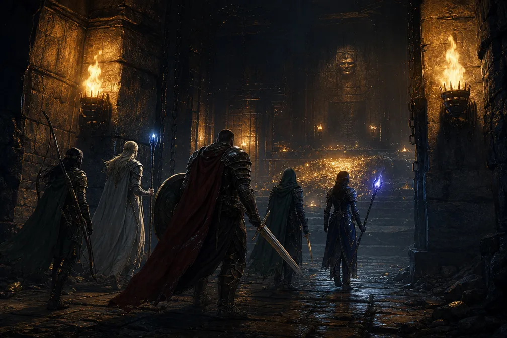 Groupe d'aventuriers à l'entrée d'un donjon