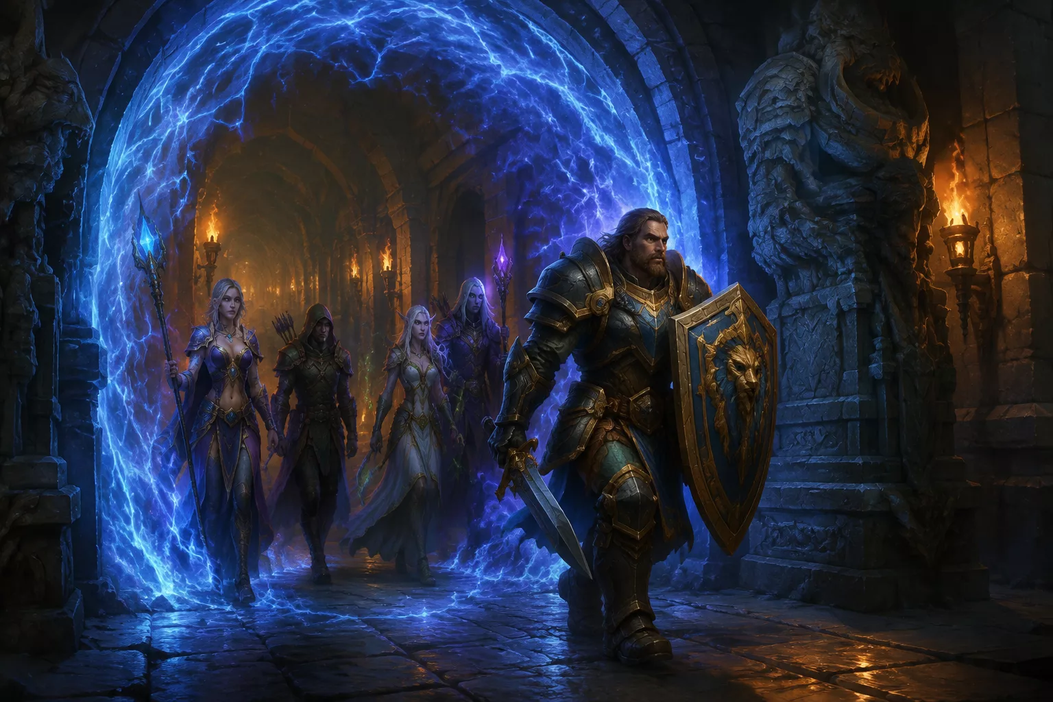 Groupe d'aventuriers entrant dans un donjon sur Ascension