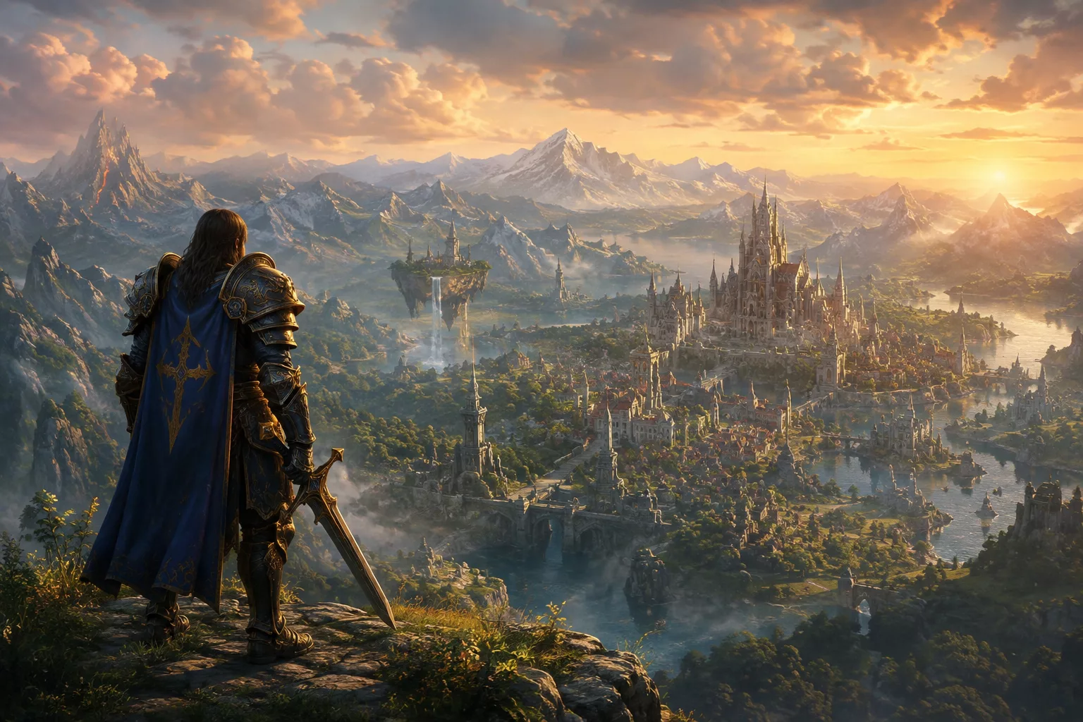 Le méta du leveling Ascension, un aventurier surplombant le continent