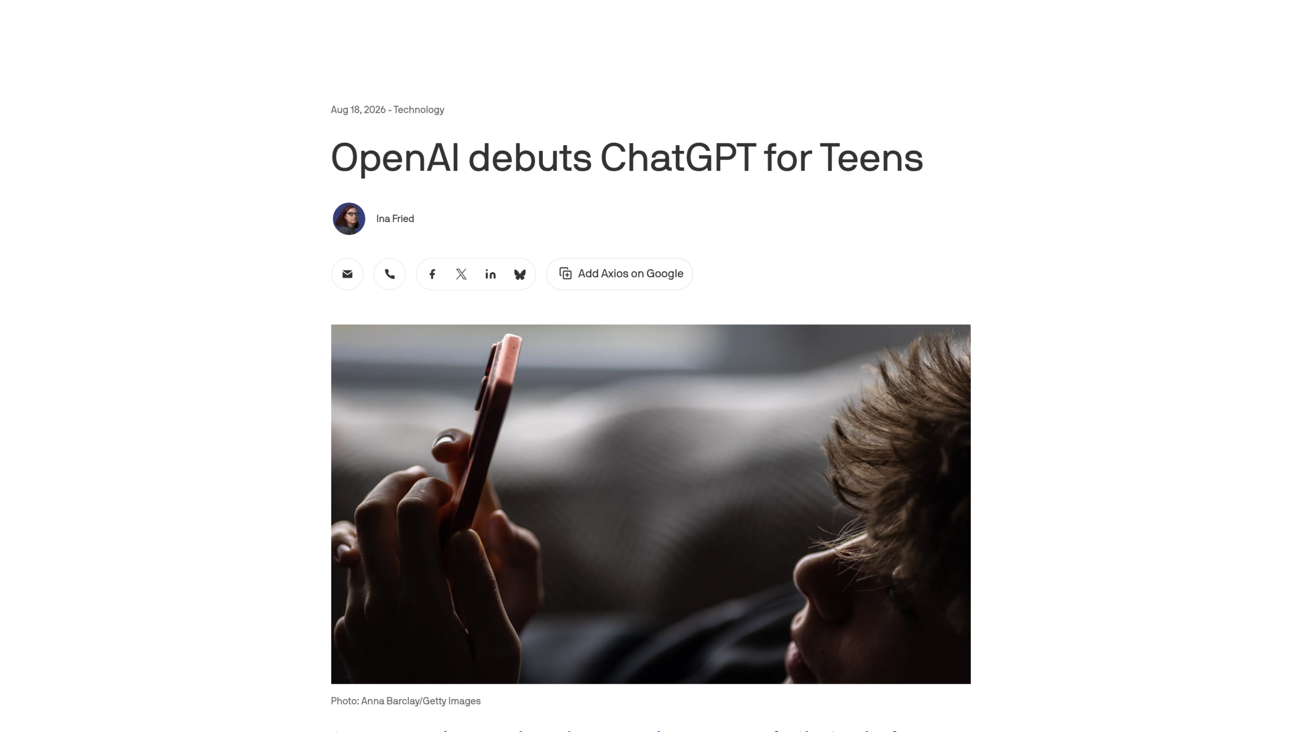 ChatGPT ados : la couverture d'Axios le jour du lancement