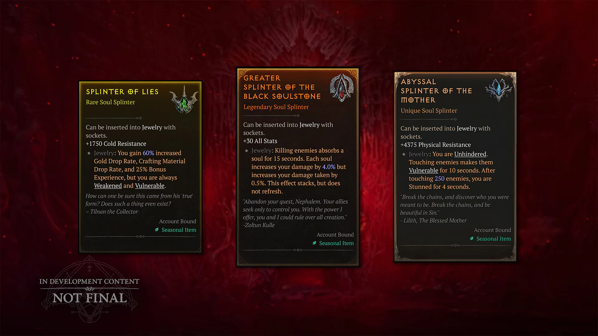 Cartes officielles Splinter of Lies, Greater Splinter of the Black Soulstone et Abyssal Splinter of the Mother