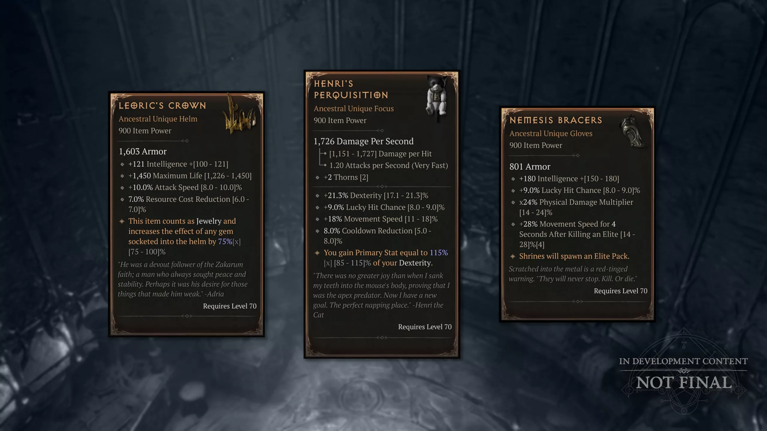 Trois infobulles d’objets d’héritage uniques : Leoric’s Crown, Henri’s Perquisition et Nemesis Bracers