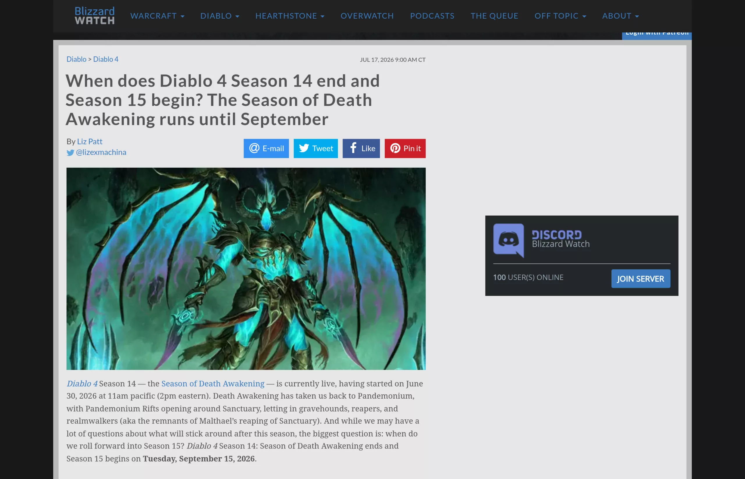 Blizzard Watch - dates de la Saison 15 de Diablo 4