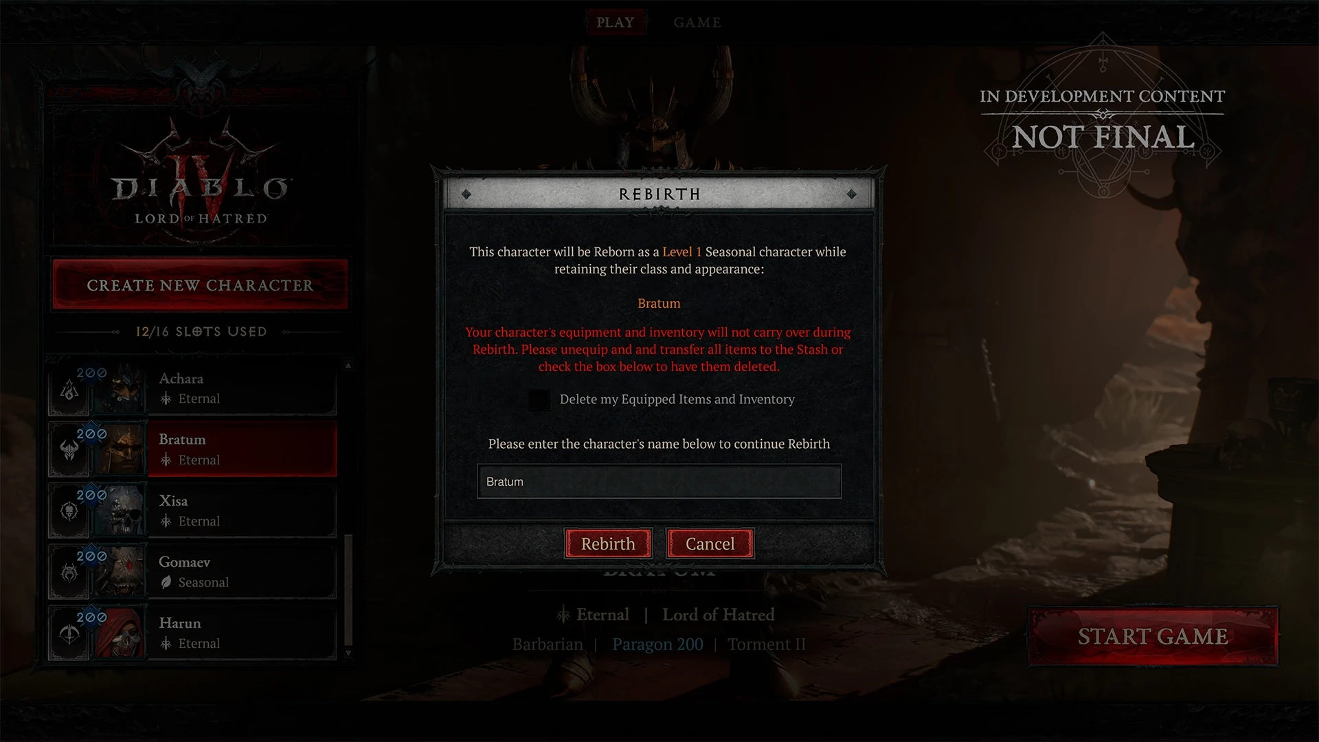 Rebirth warning: equipment and inventory are not kept