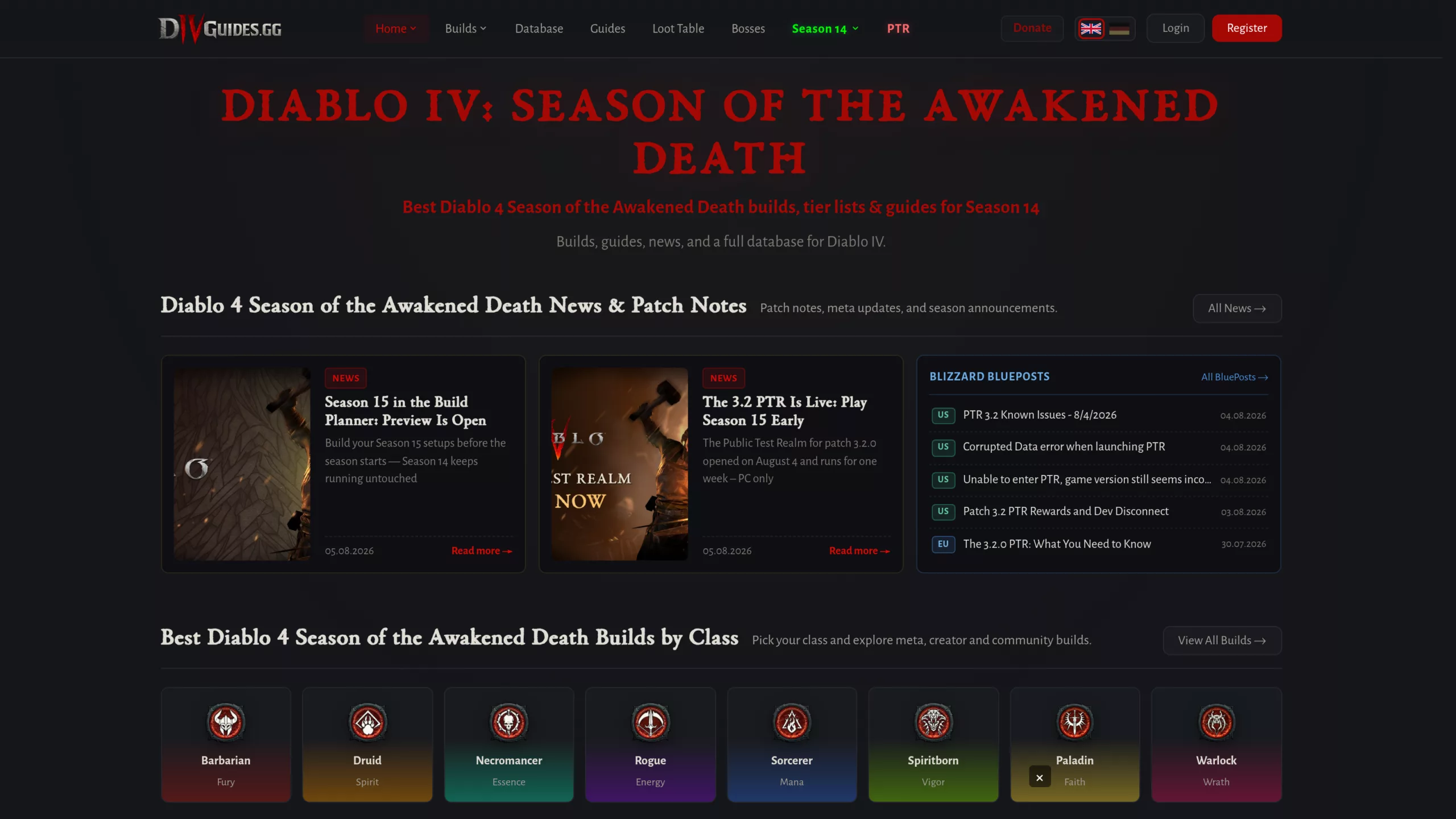 D4Guides homepage with the Season 15 preview already open in the planner