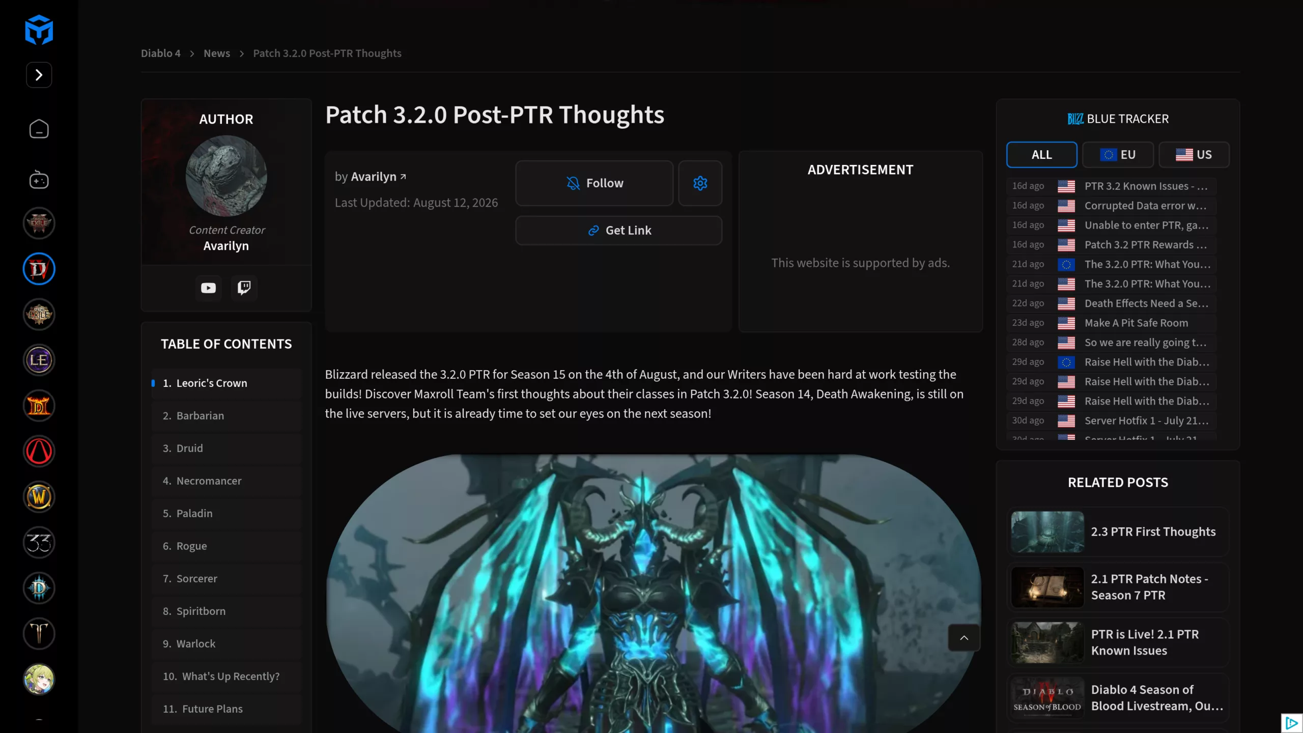 Maxroll's post-PTR roundup, with Leoric's Crown at the top of the summary