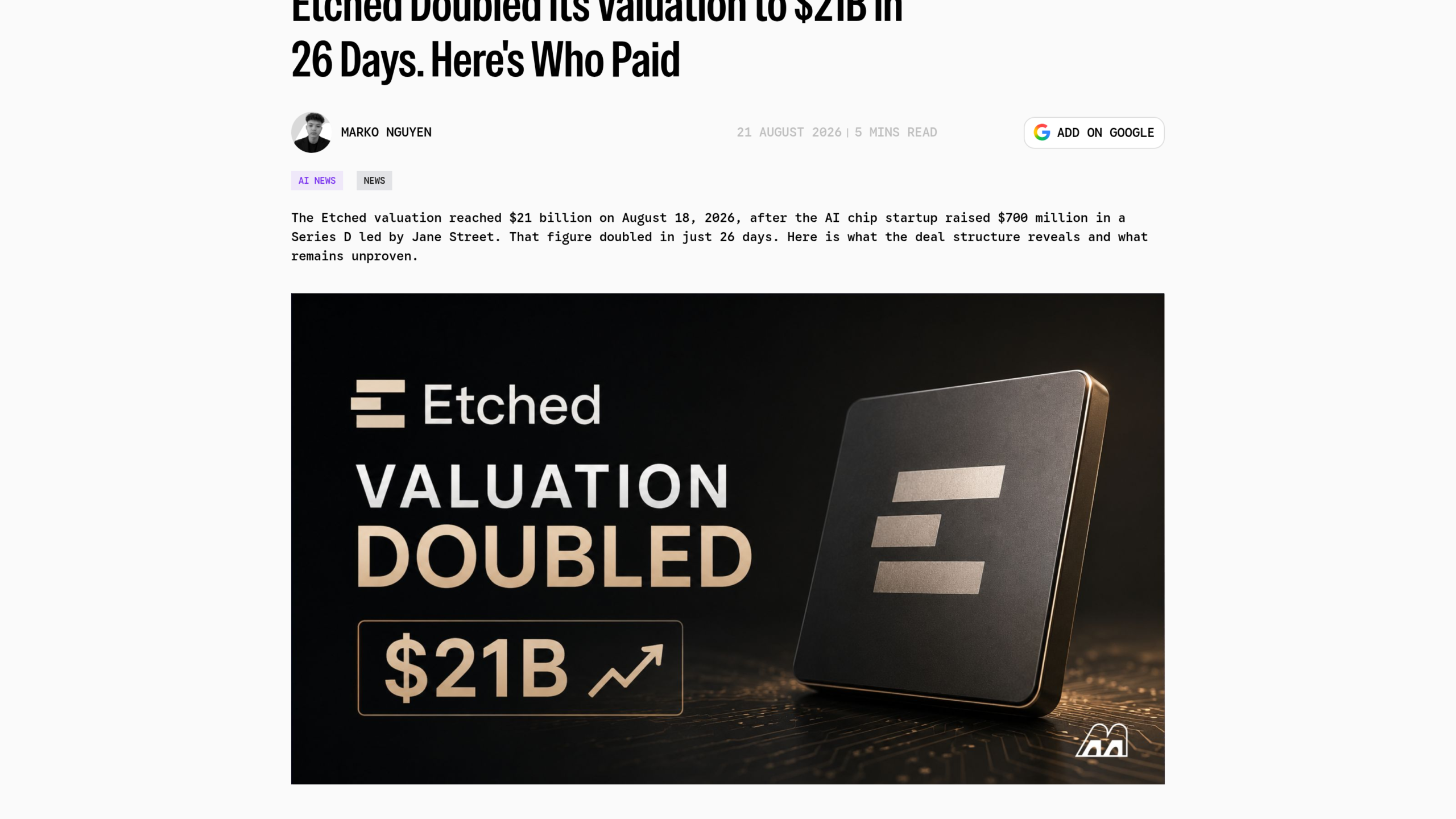 Puce Etched : le visuel de presse sur le doublement de valorisation à 21 milliards