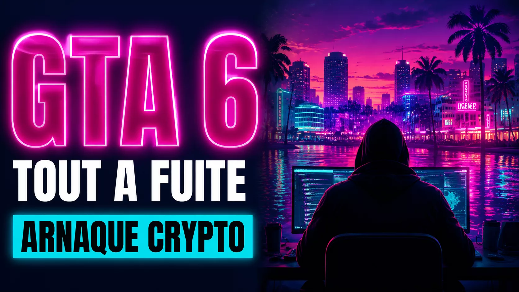 GTA 6 : miniature de l article, silhouette encapuchonnee devant des ecrans face a un panorama de ville neon