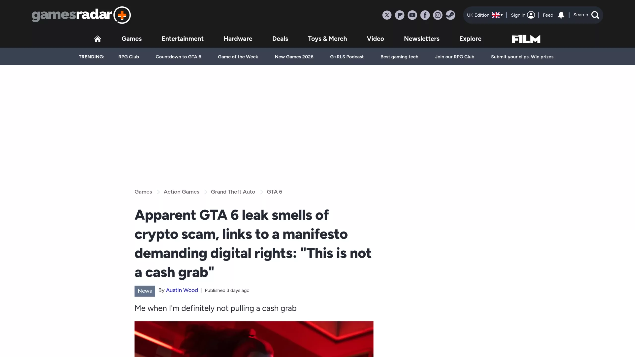 Article de GamesRadar titrant que la fuite GTA 6 sent l arnaque crypto malgre un manifeste sur les droits numeriques