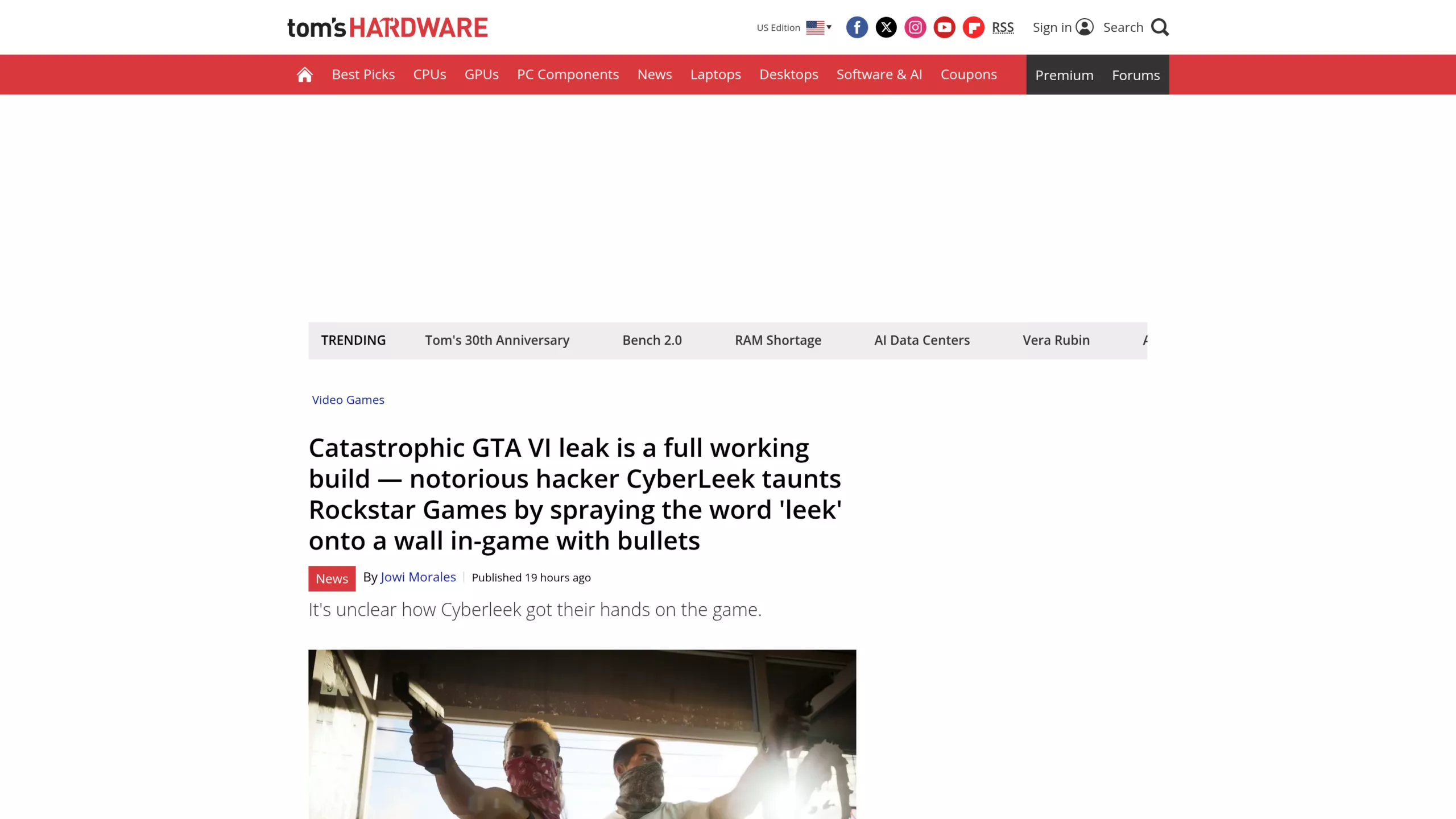Article de Tom's Hardware sur la fuite de GTA 6, avec le titre et la mention qu'on ignore comment le pirate a obtenu le jeu