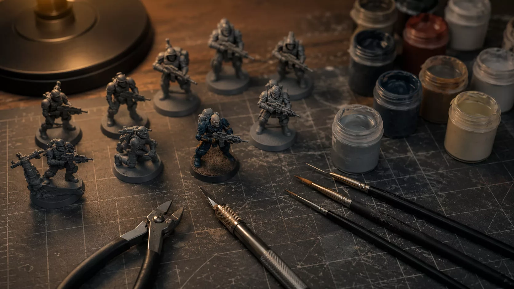 Figurines de science-fiction grises et une peinte en bleu sur un tapis de decoupe, avec pots de peinture, pinceaux et pince