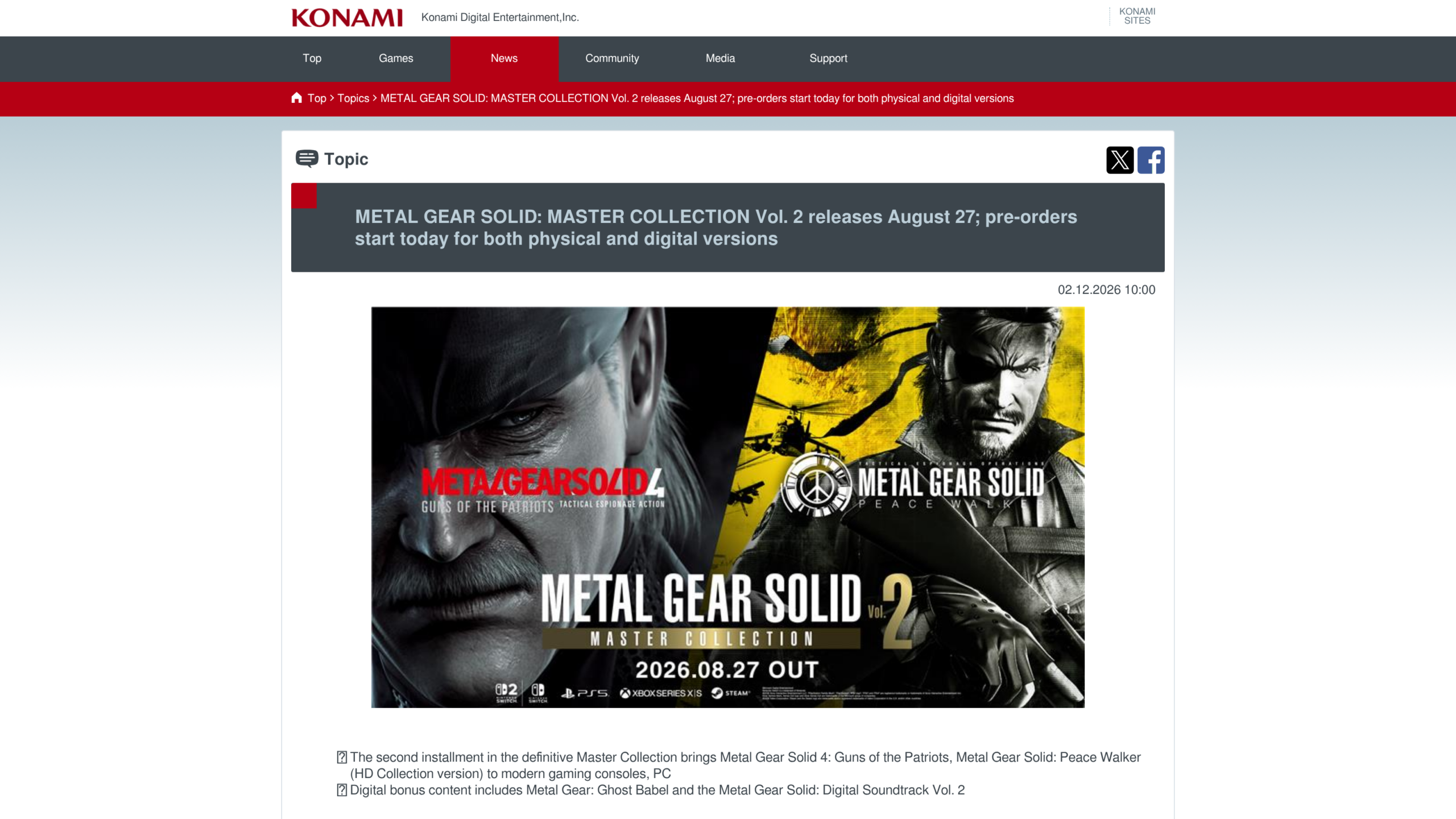 Master Collection : le visuel officiel réunissant Metal Gear Solid 4 et Peace Walker