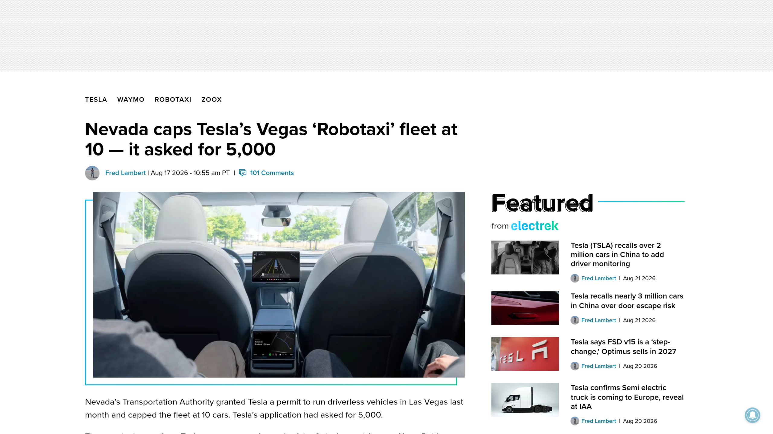 Robotaxis Las Vegas : le permis Tesla plafonné à dix voitures un mois plus tôt