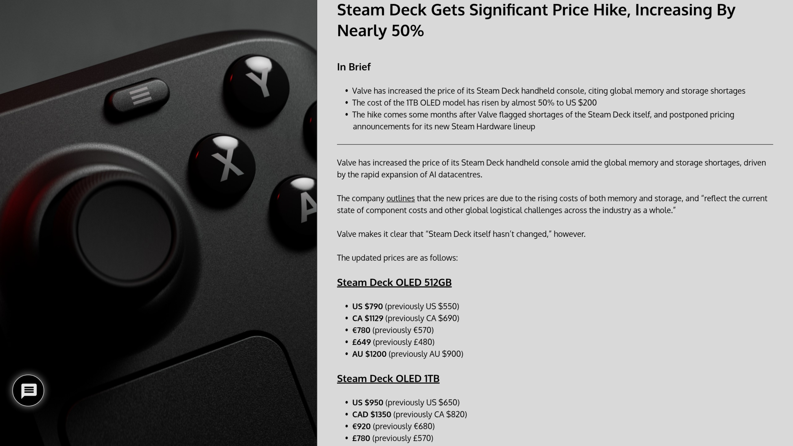 Prix des consoles : les nouveaux tarifs du Steam Deck OLED par région