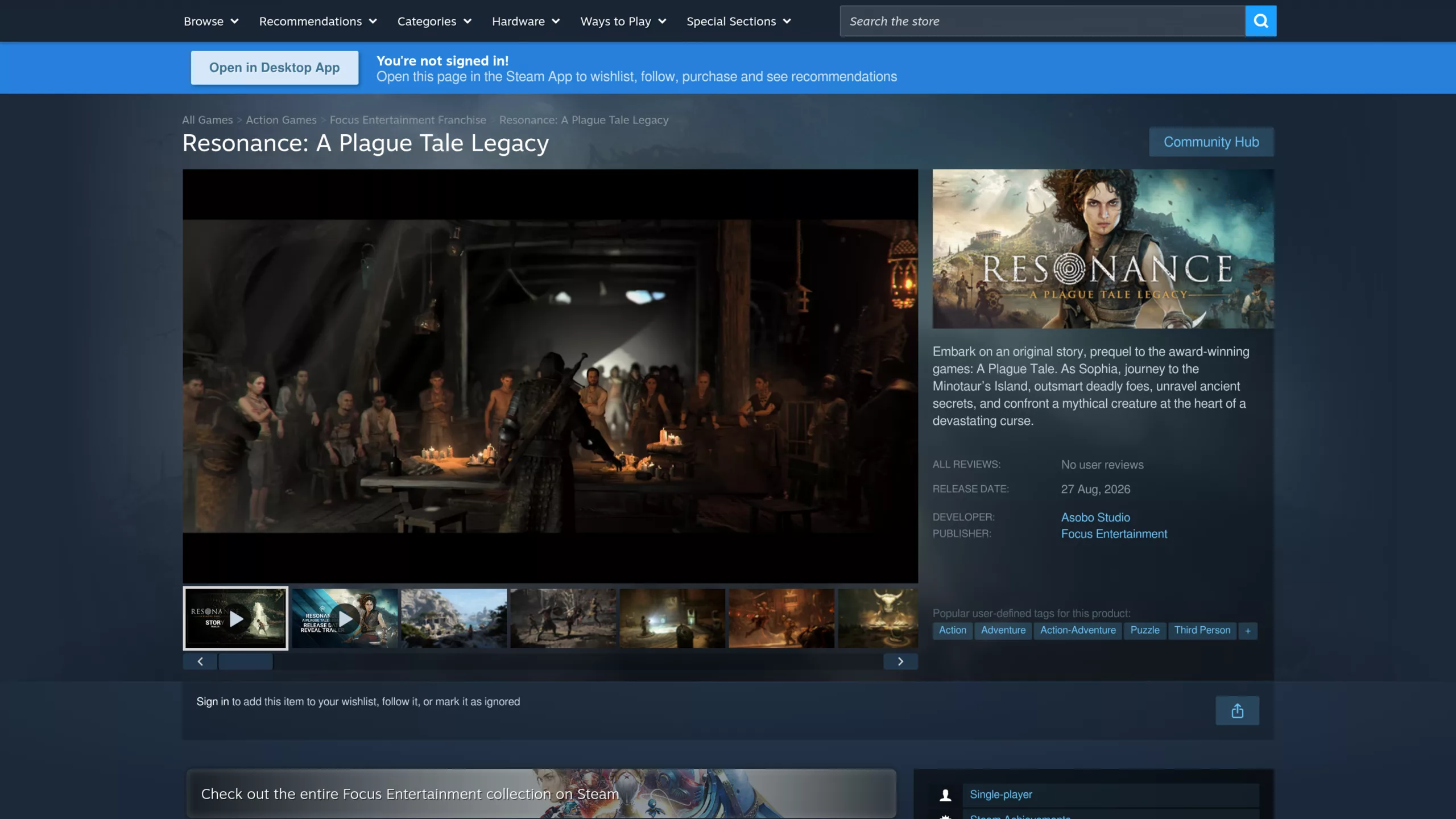 Fiche Steam de Resonance A Plague Tale Legacy affichant la date du 27 août 2026 et les étiquettes Action, Aventure, Énigmes