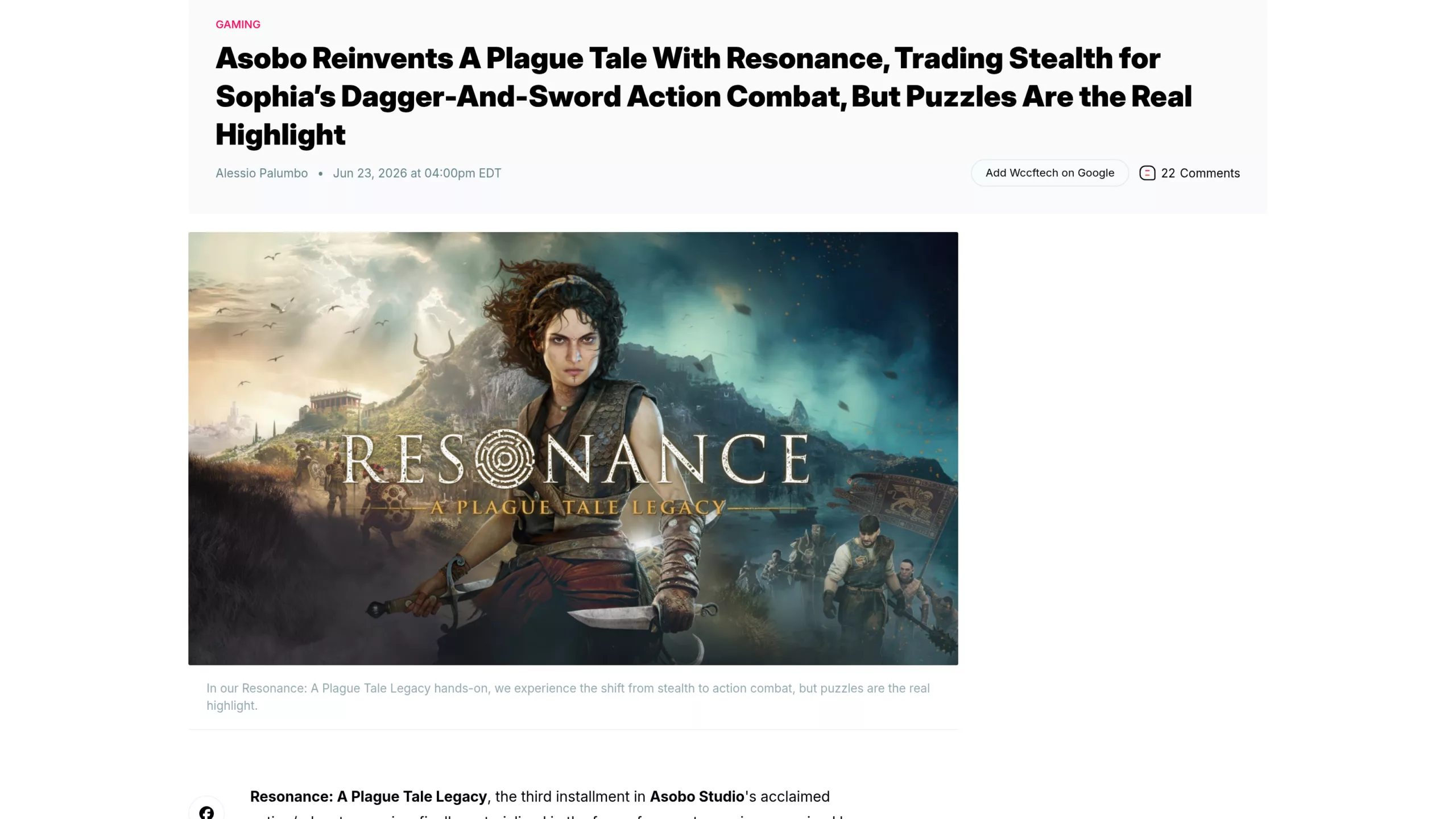 Article de Wccftech titré sur l'abandon de l'infiltration au profit du combat, avec le visuel officiel de Resonance