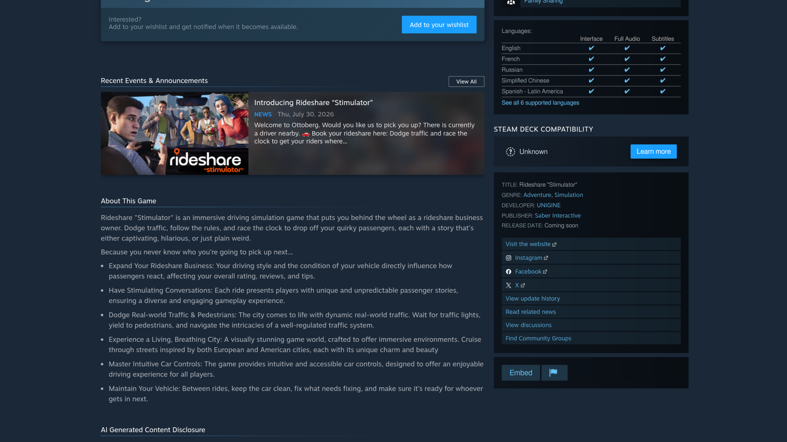 Rideshare Stimulator : la fiche Steam du jeu de conduite de Saber Interactive
