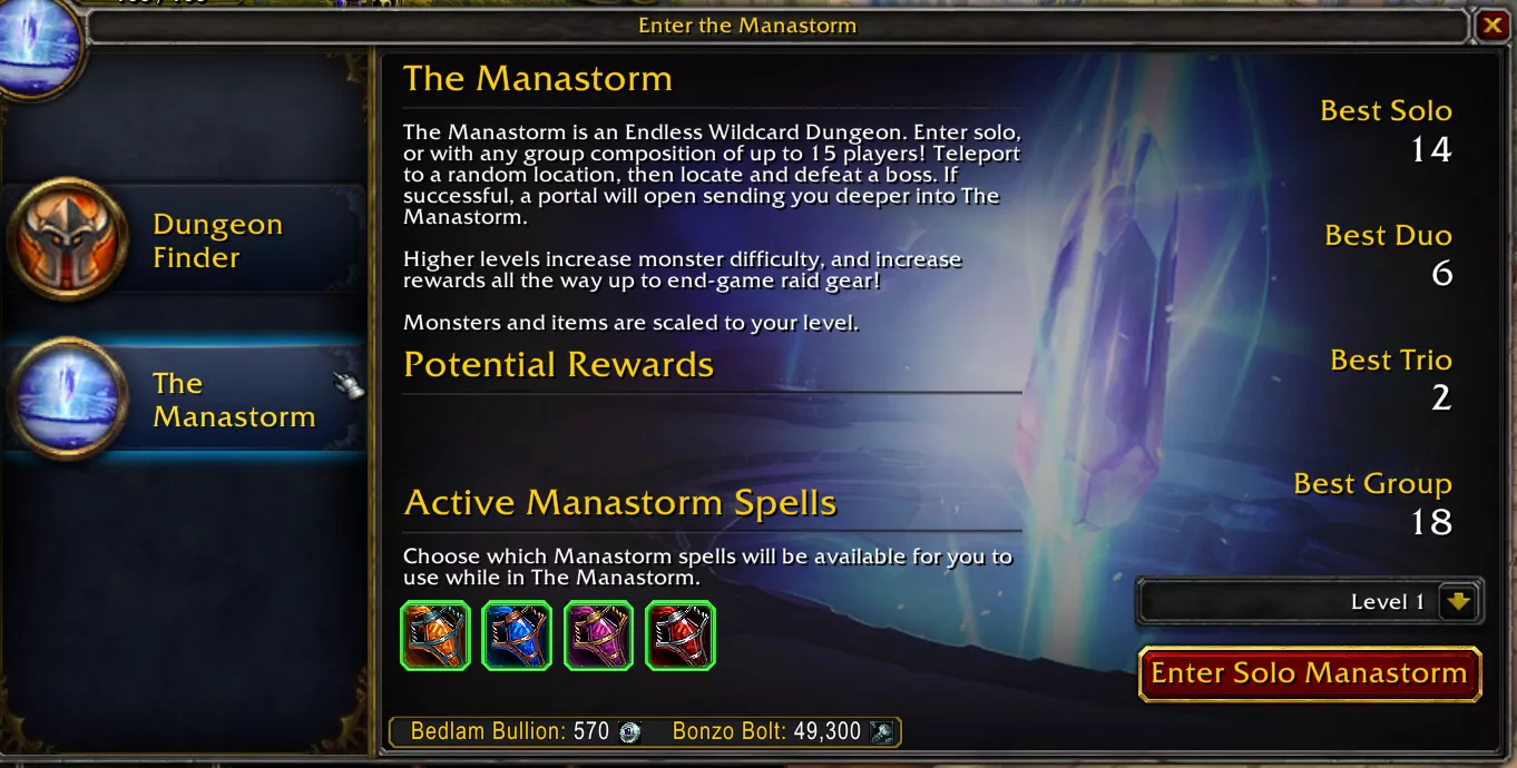 Fenêtre d'entrée du Manastorm avec les paliers records du joueur en solo, duo, trio et groupe