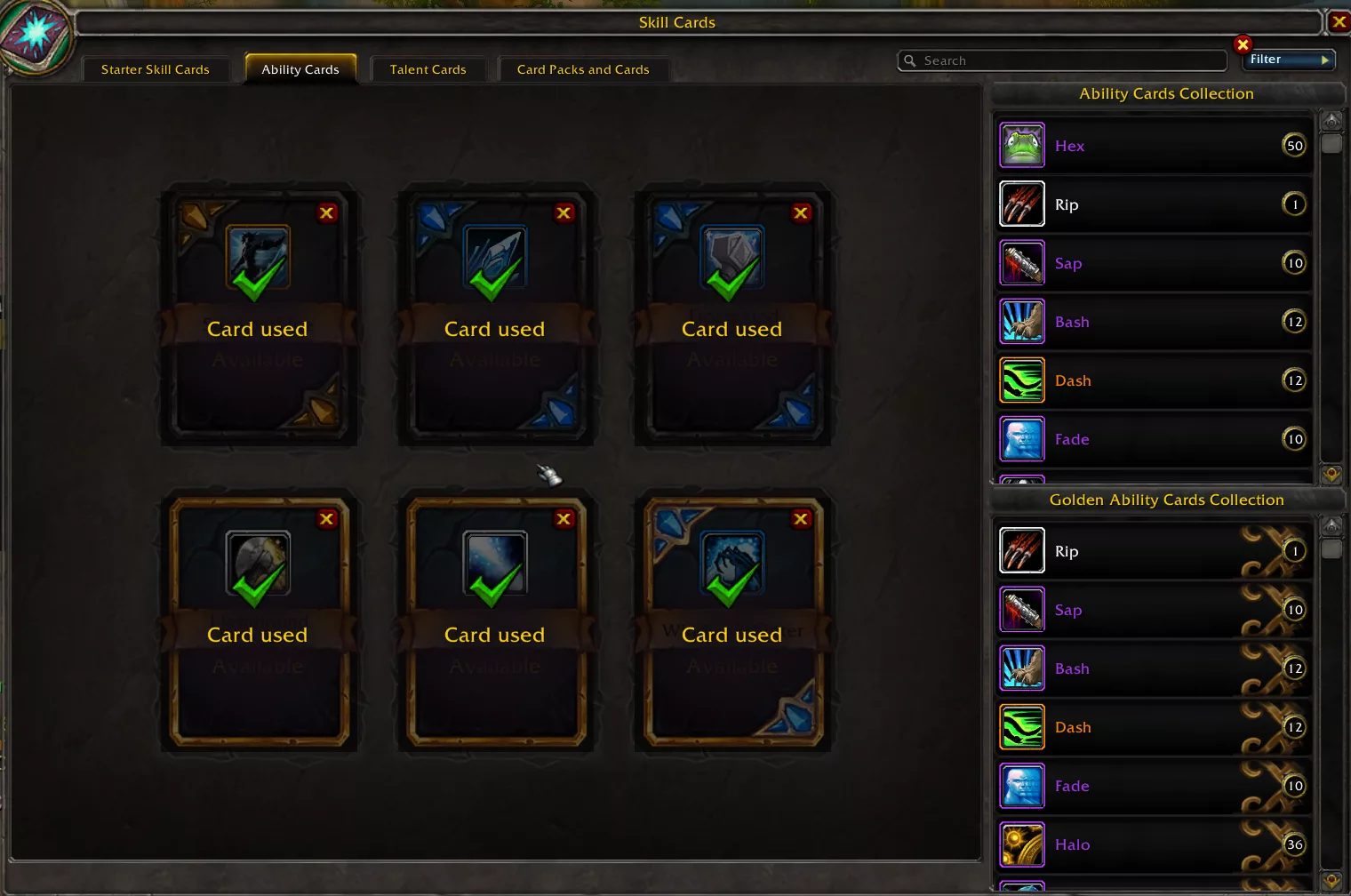 Interface Skill Cards d'Ascension avec les onglets Starter Skill Cards, Ability Cards, Talent Cards et Card Packs, et les collections de cartes normales et dorées