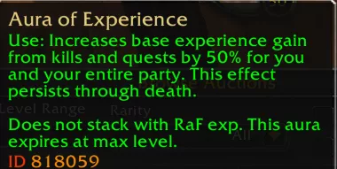 Infobulle de l'objet Aura of Experience dans World of Warcraft Ascension