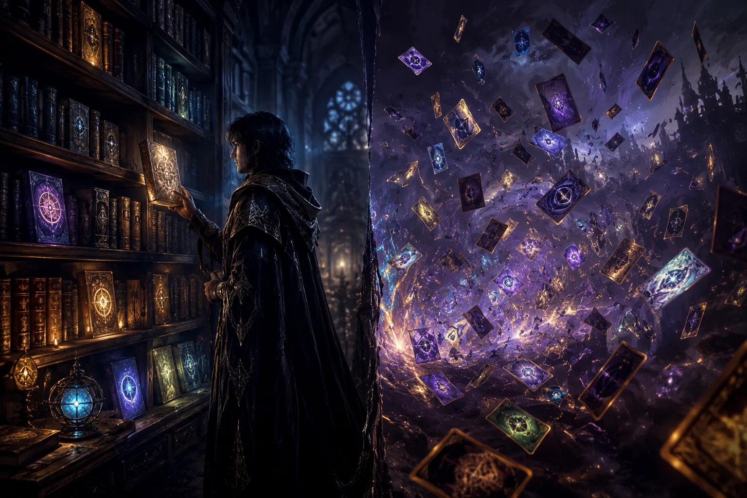An orderly arcane library facing a swirl of random cards, illustrating the two modes