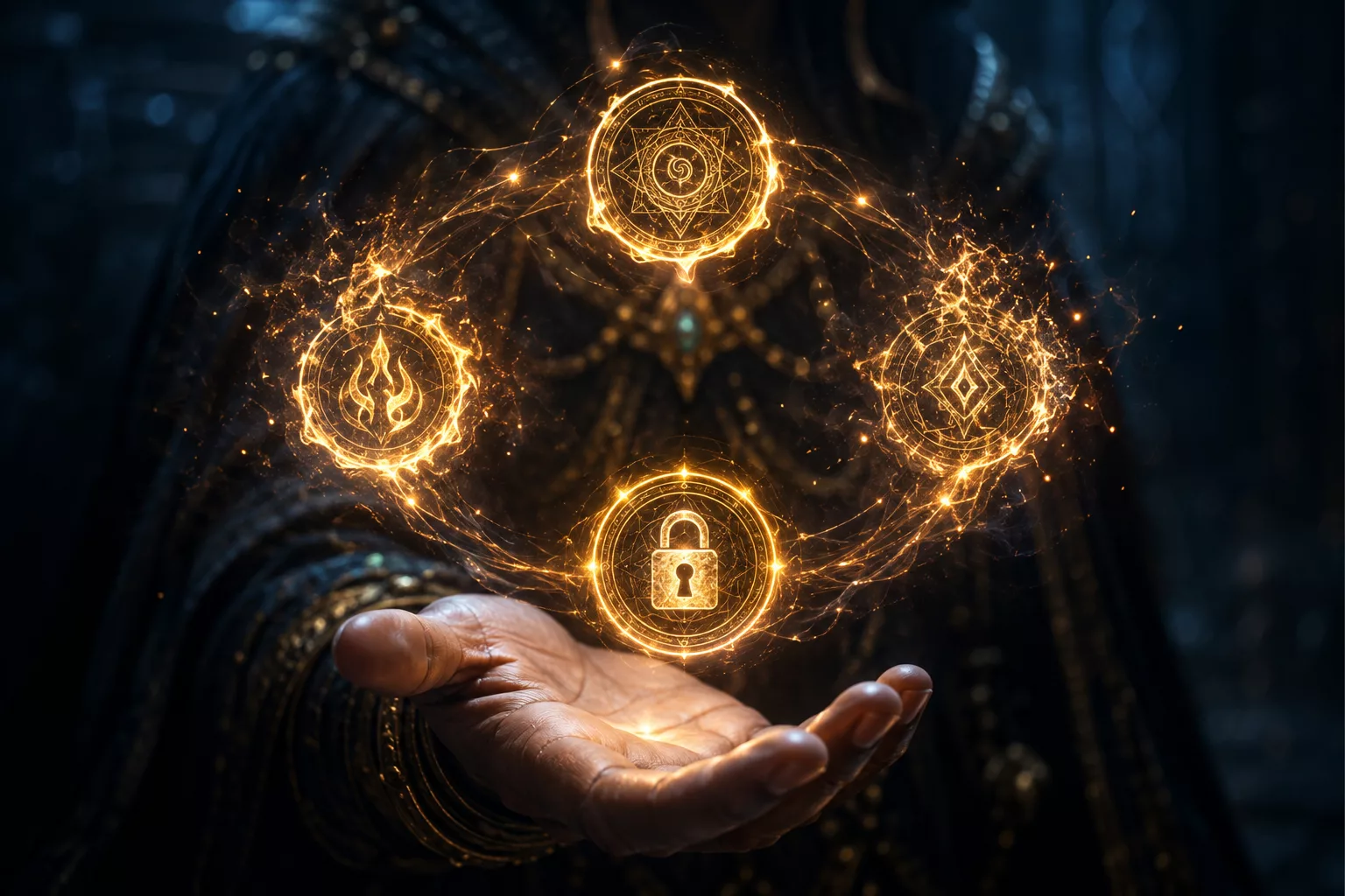 Four floating spell seals, one locked with a golden padlock, the others dissolving