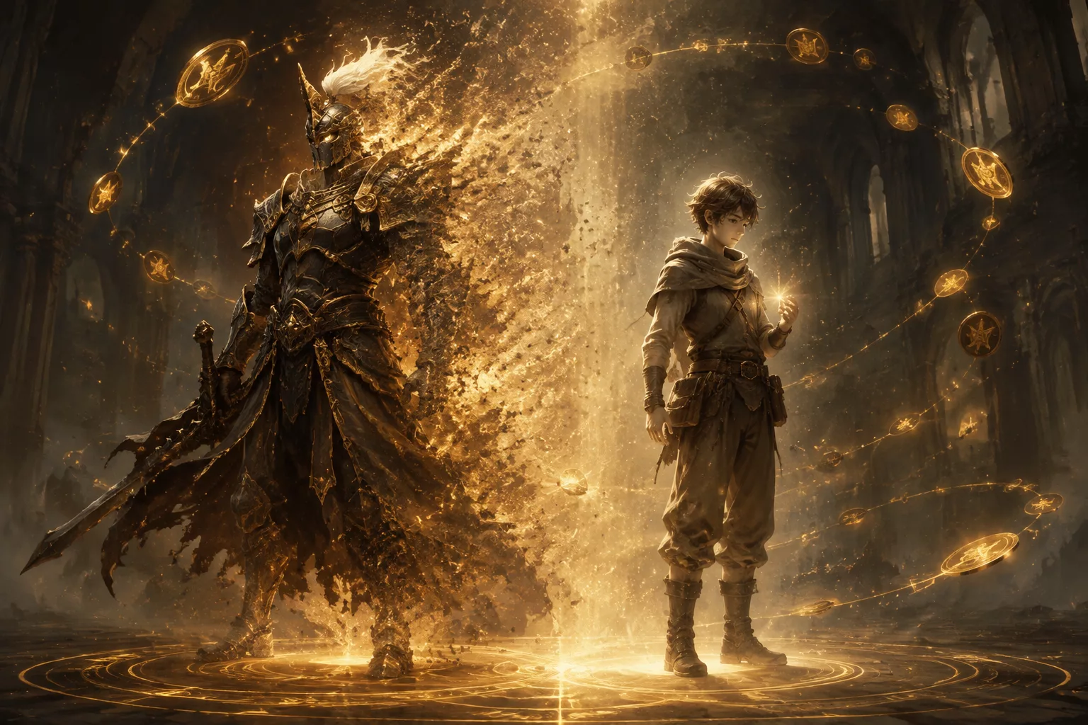 Champion de haut niveau se dissolvant en lumière dorée et renaissant en jeune aventurier