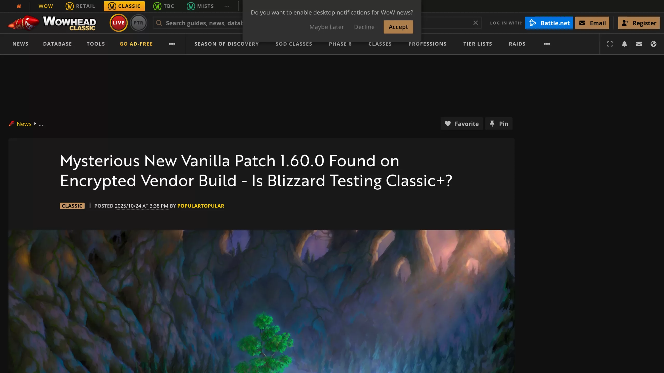 Capture Wowhead du 24 octobre 2025 annonçant la découverte du patch Vanilla 1.60.0 sur un build vendor chiffré