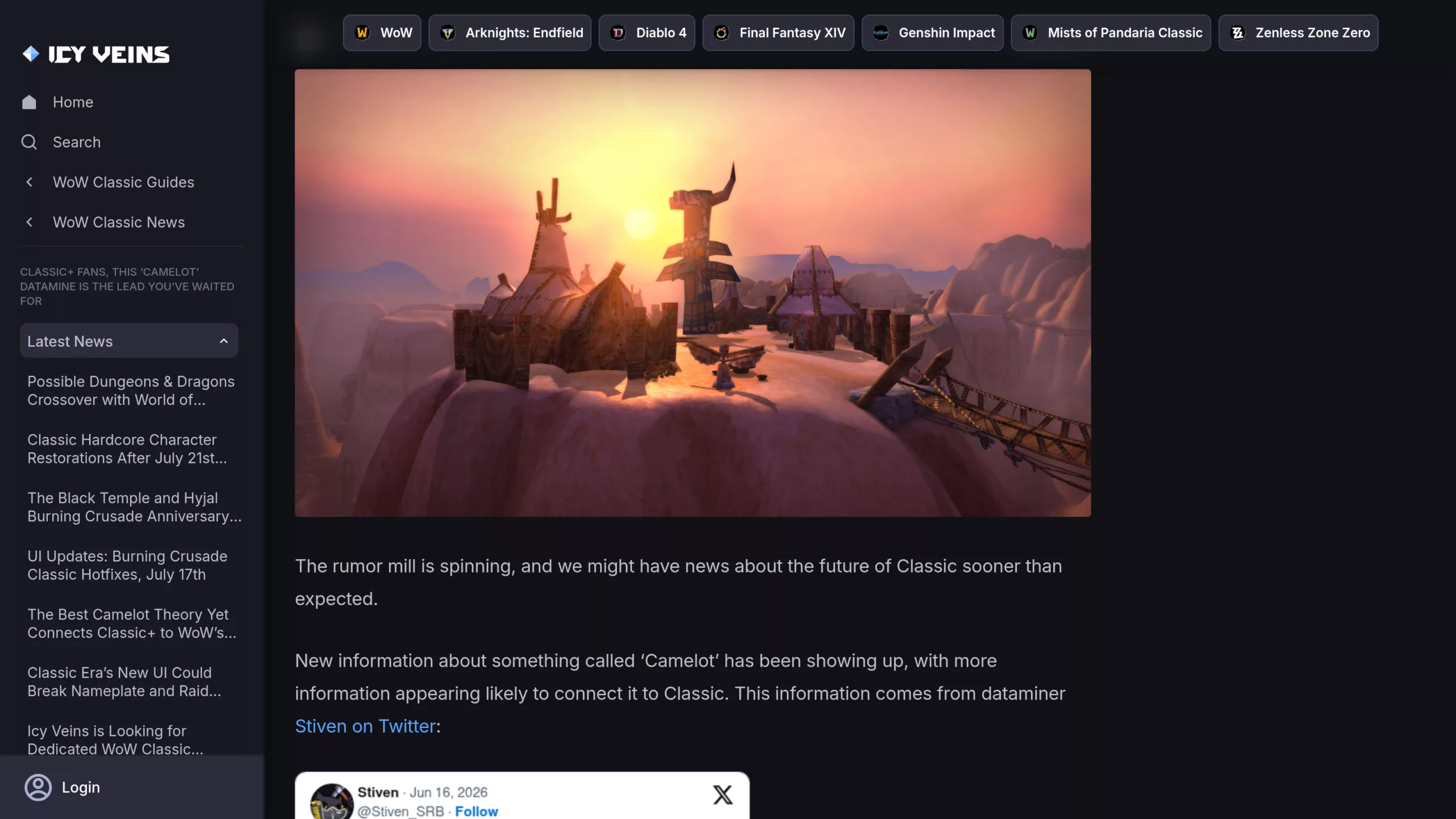 Capture Icy Veins de l'article sur le datamine Camelot avec le tweet de Stiven du 16 juin 2026