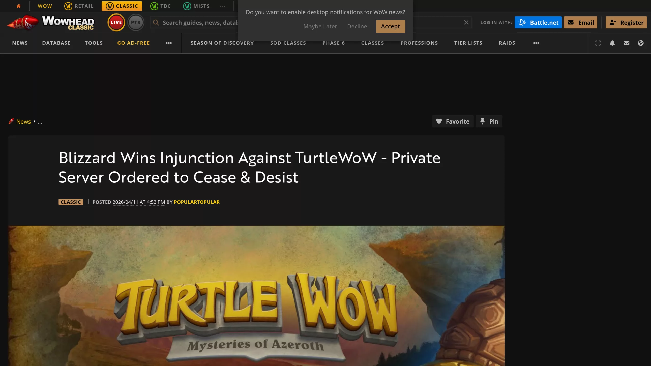 Capture Wowhead du 11 avril 2026 annonçant l'injonction de Blizzard contre TurtleWoW