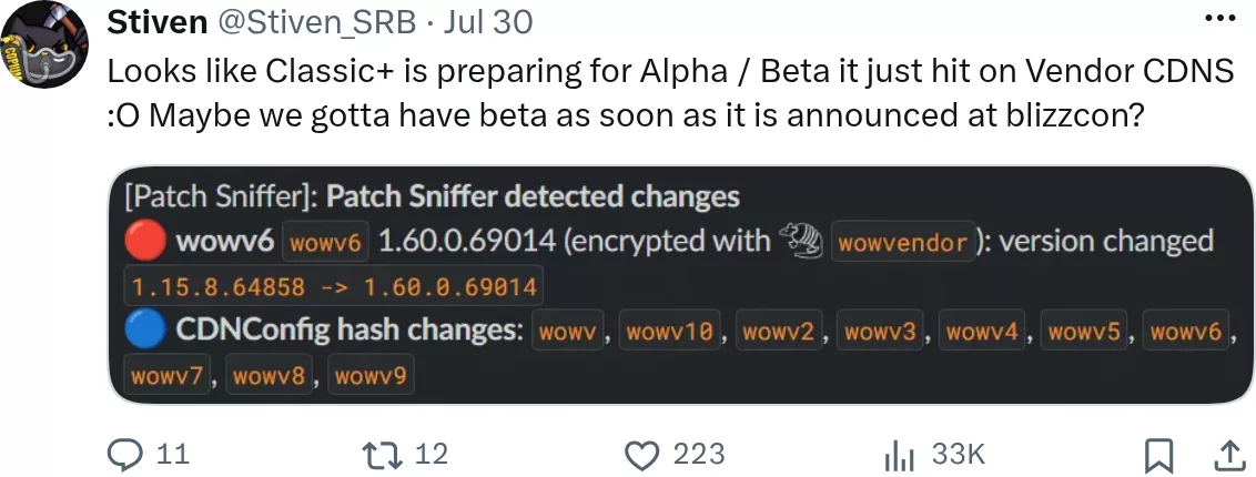 Relevé du Patch Sniffer posté par Stiven le 30 juillet 2026, montrant le passage de version 1.15.8.64858 à 1.60.0.69014