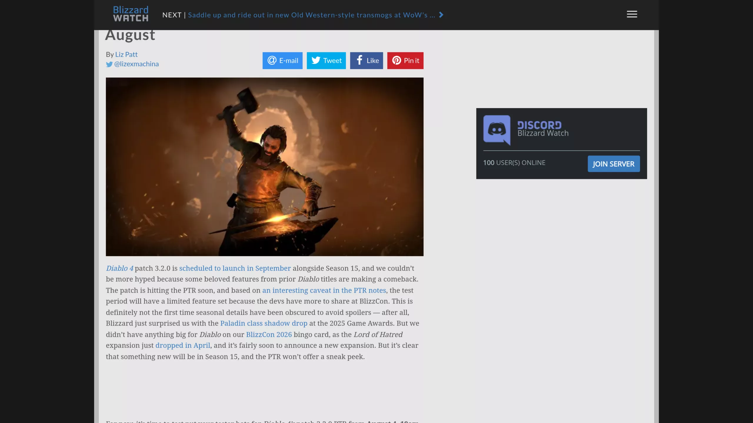 Article Blizzard Watch du 30 juillet 2026 sur le PTR volontairement limité de la saison 15 de Diablo 4