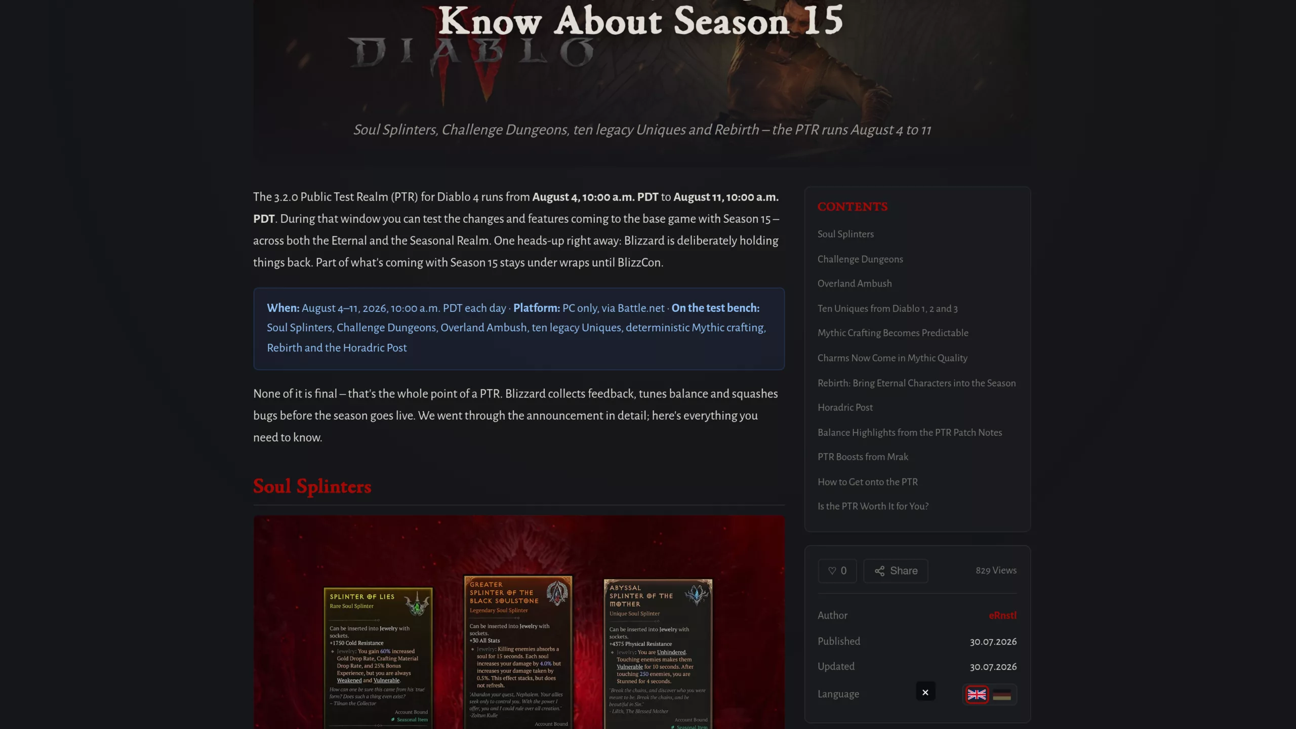 Récapitulatif Diablo 4 saison 15 avec les dates du PTR et les tooltips des éclats d'âme