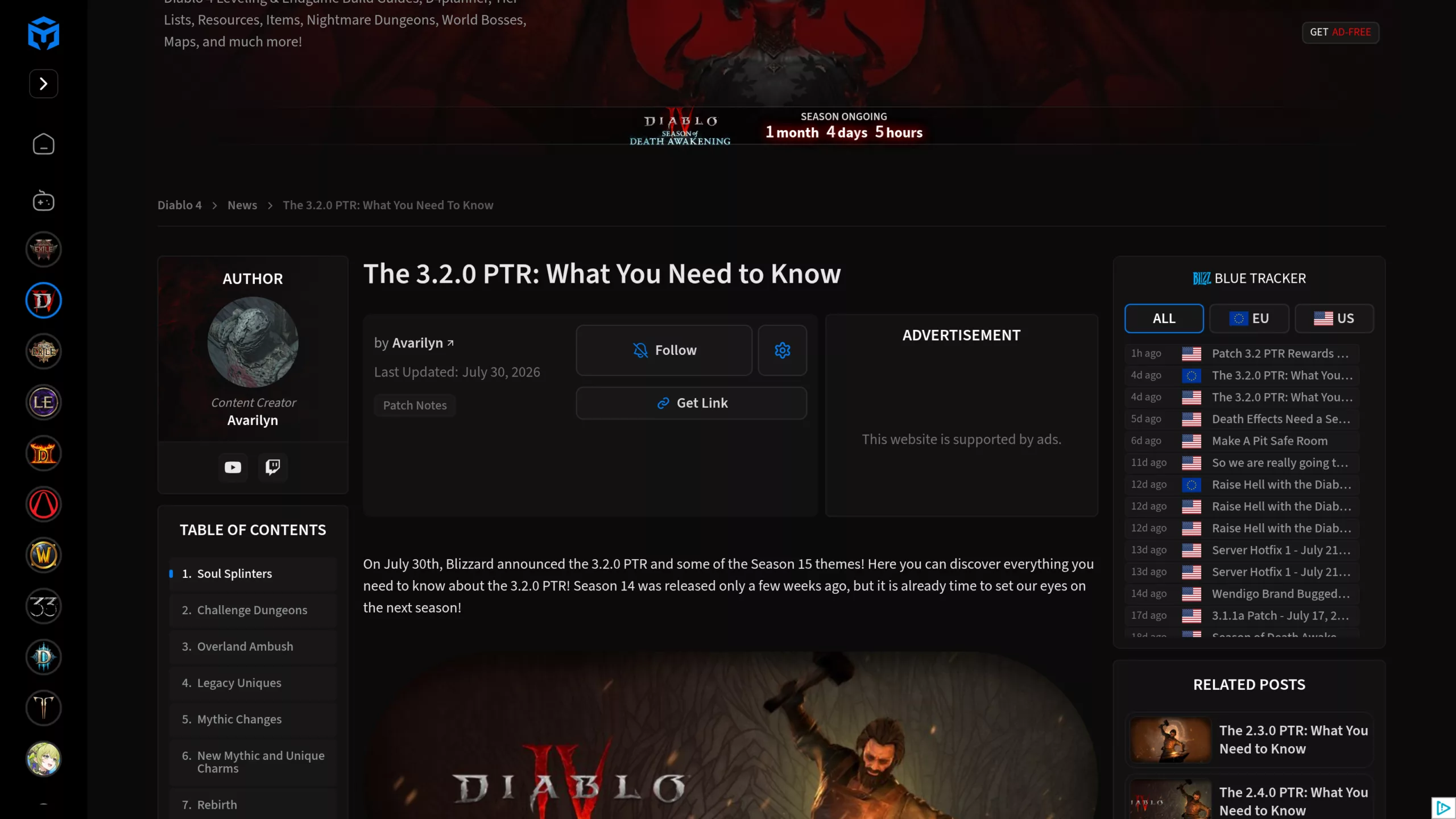 Article Maxroll listant les systèmes testés durant le PTR 3.2.0 de Diablo 4