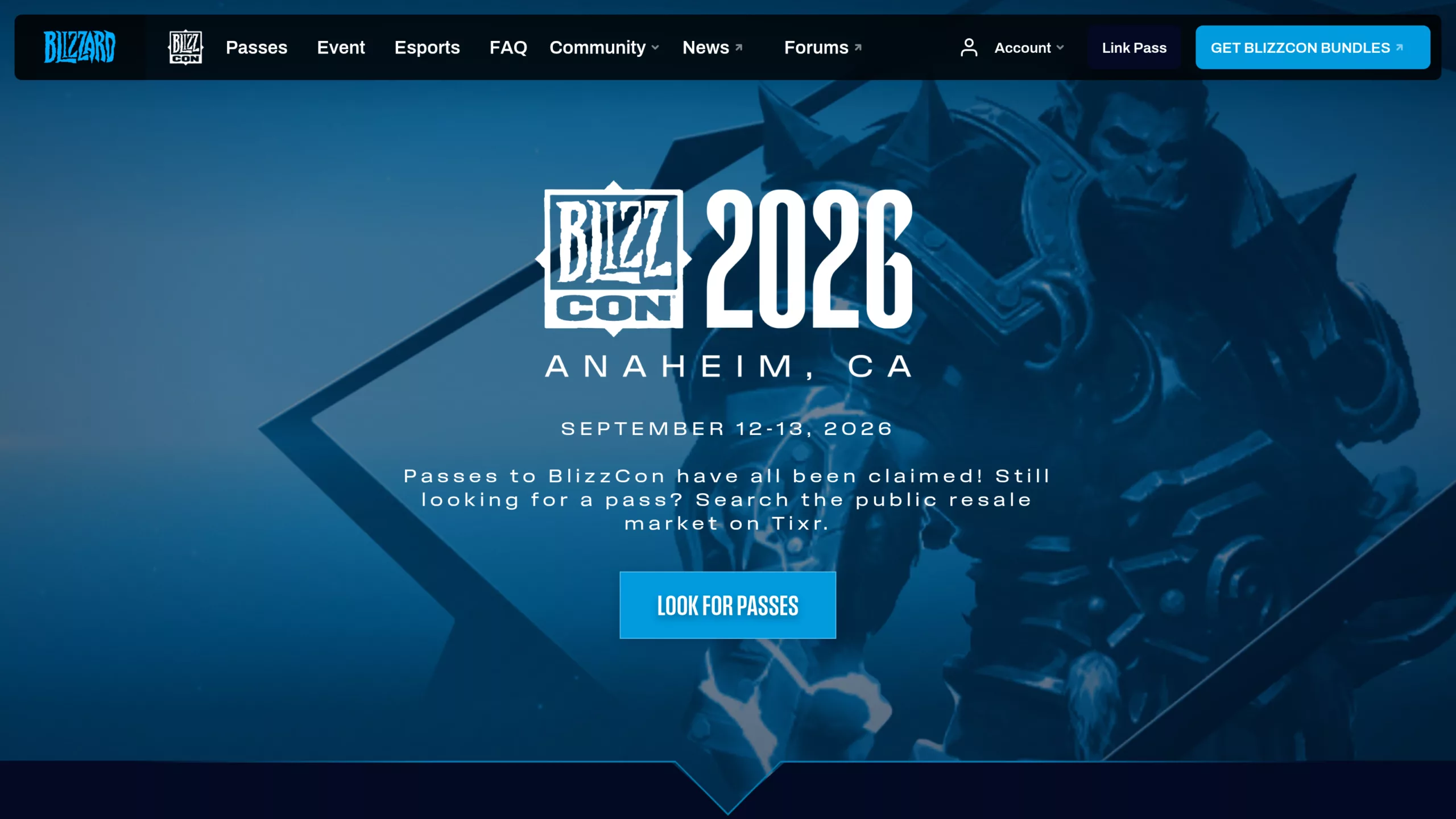 Page officielle blizzcon.com annonçant la BlizzCon 2026 à Anaheim les 12 et 13 septembre