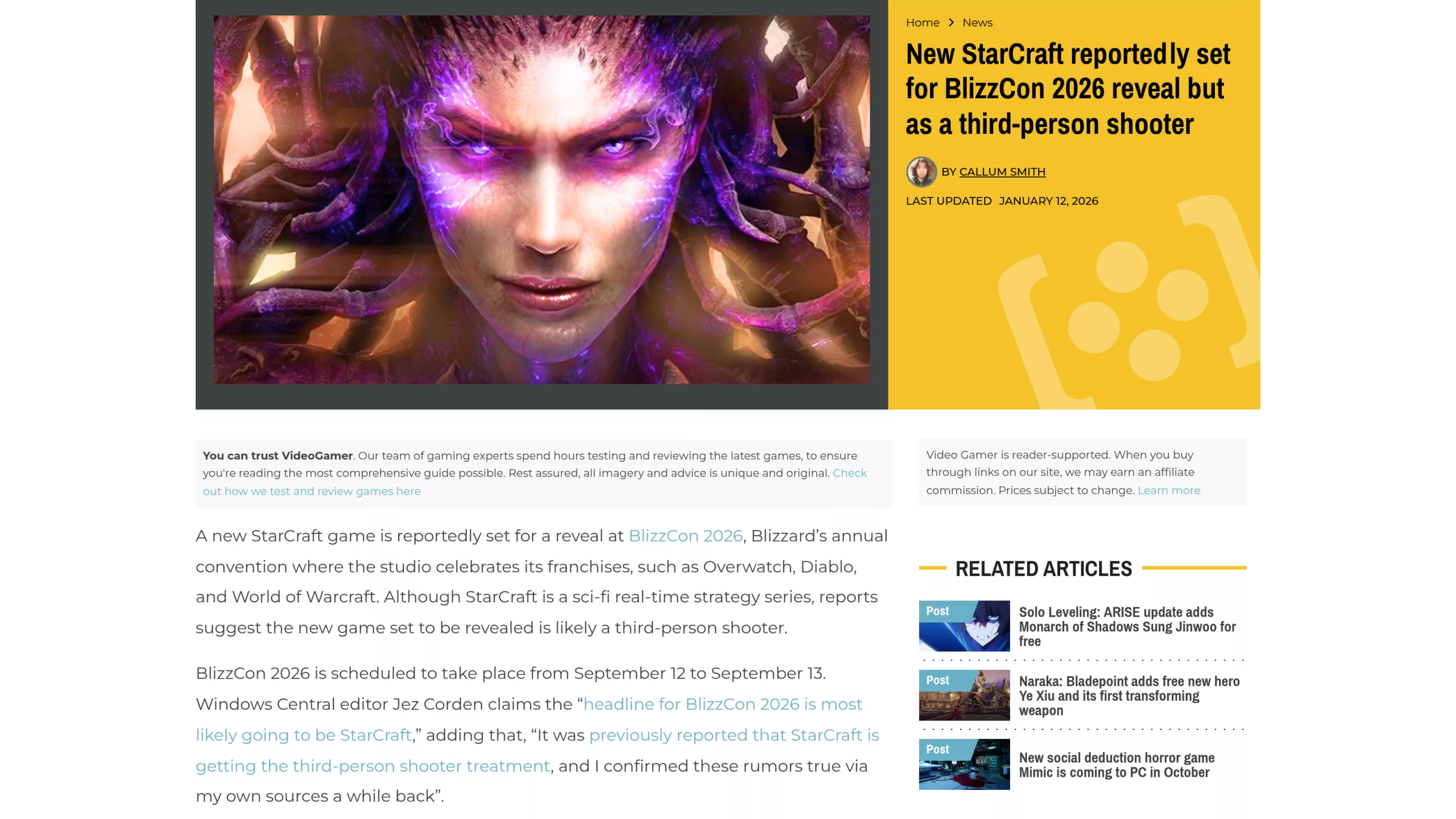Article de VideoGamer sur le retour de StarCraft en shooter à la troisième personne, signé Callum Smith