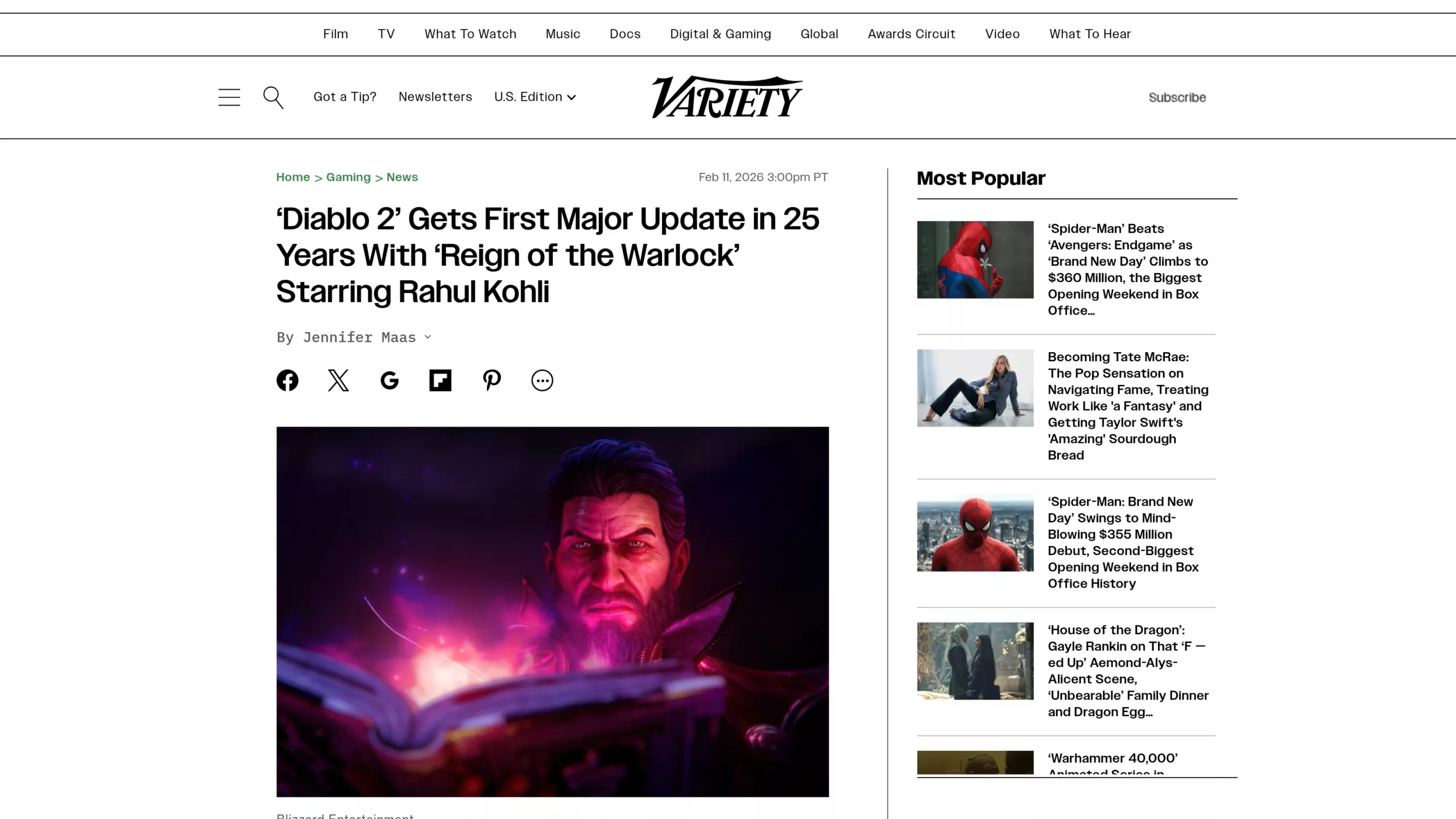 Capture de l'article Variety annonçant le DLC Reign of the Warlock pour Diablo 2: Resurrected