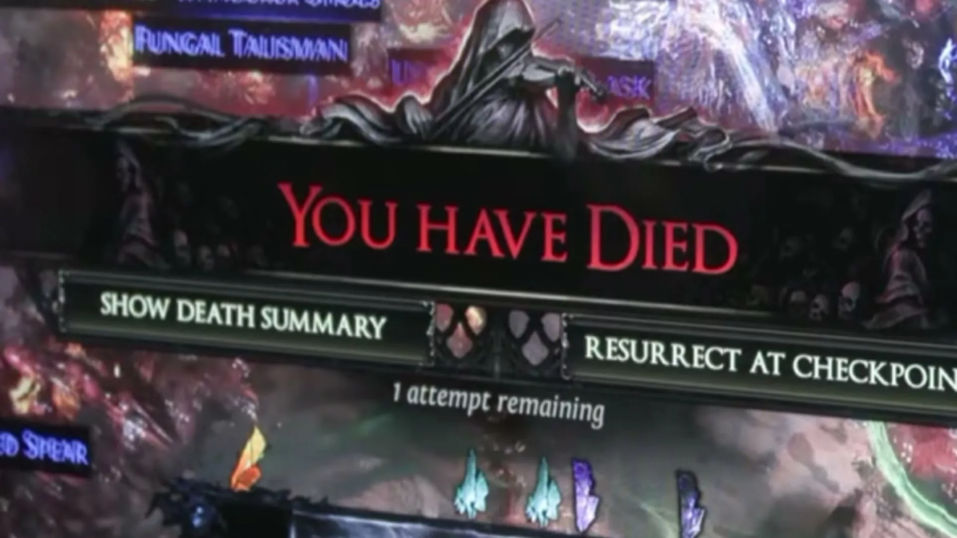 Écran de mort de Path of Exile 2 avec le bouton Show Death Summary et Resurrect at Checkpoint