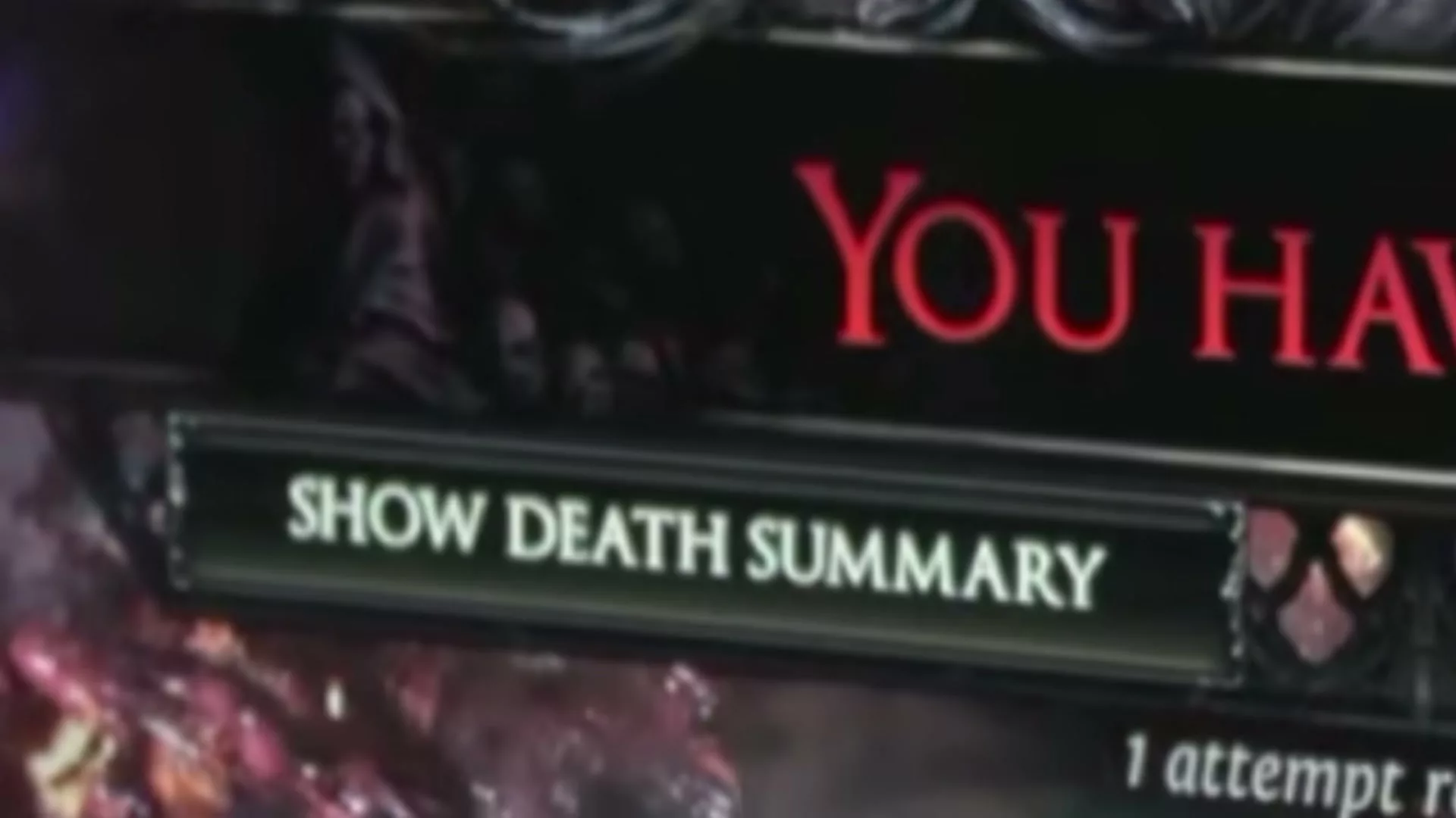 Gros plan sur le bouton Show Death Summary stylisé aux couleurs du jeu