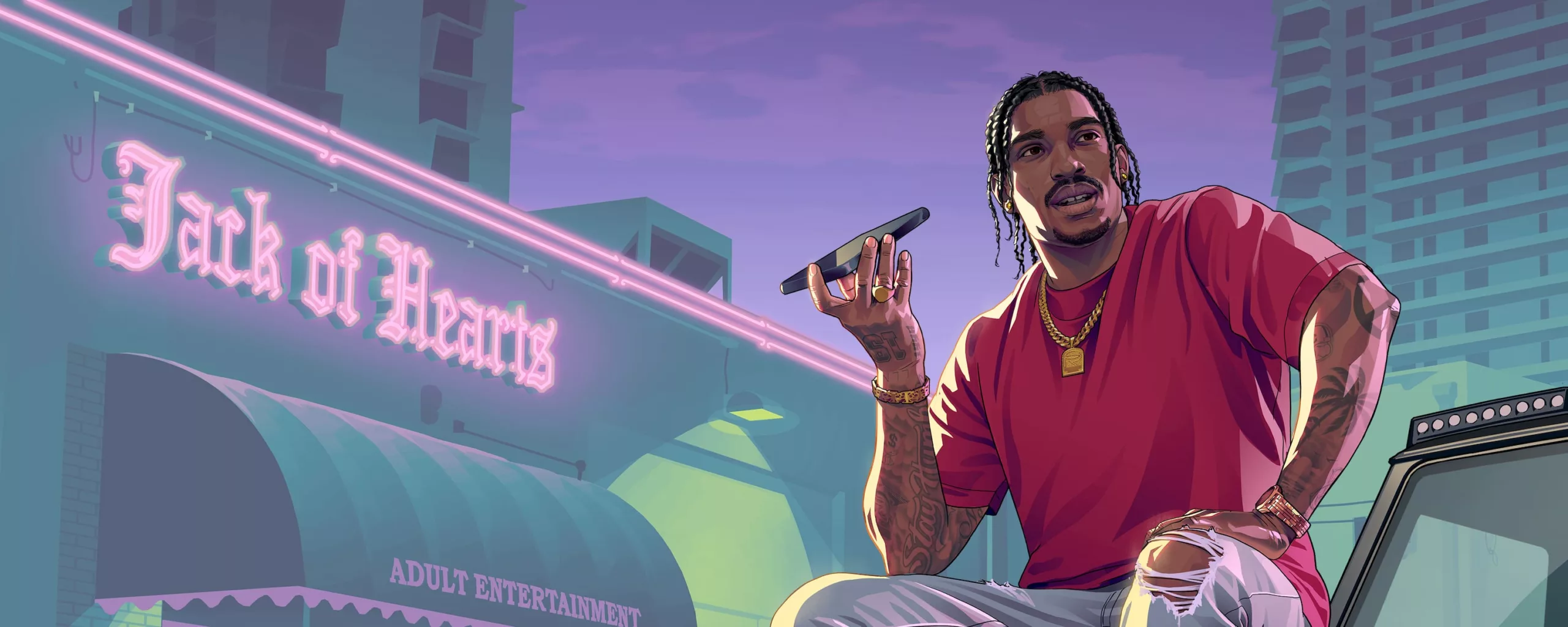 Official Rockstar Games artwork of GTA VI featuring the characters and Leonida's atmosphere