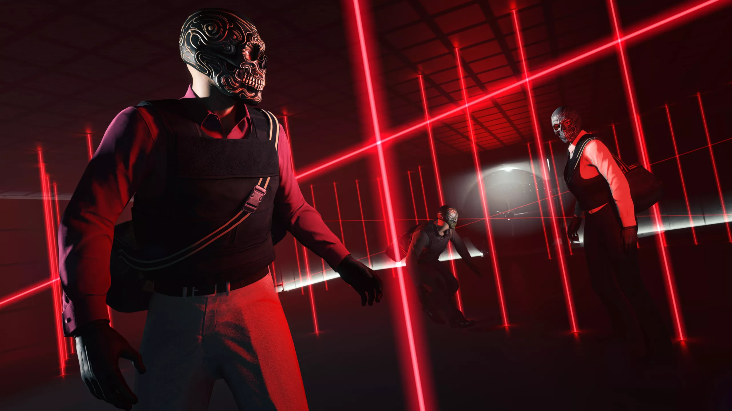 Masked players moving under red lasers during the Kortz Center heist