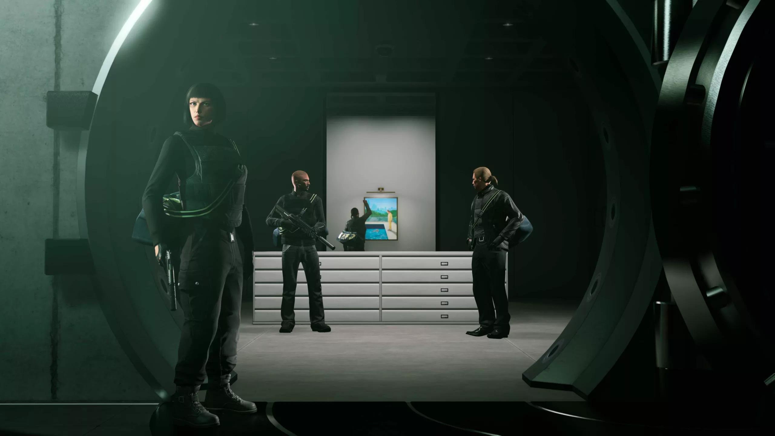 Players taking a painting down in the museum vault