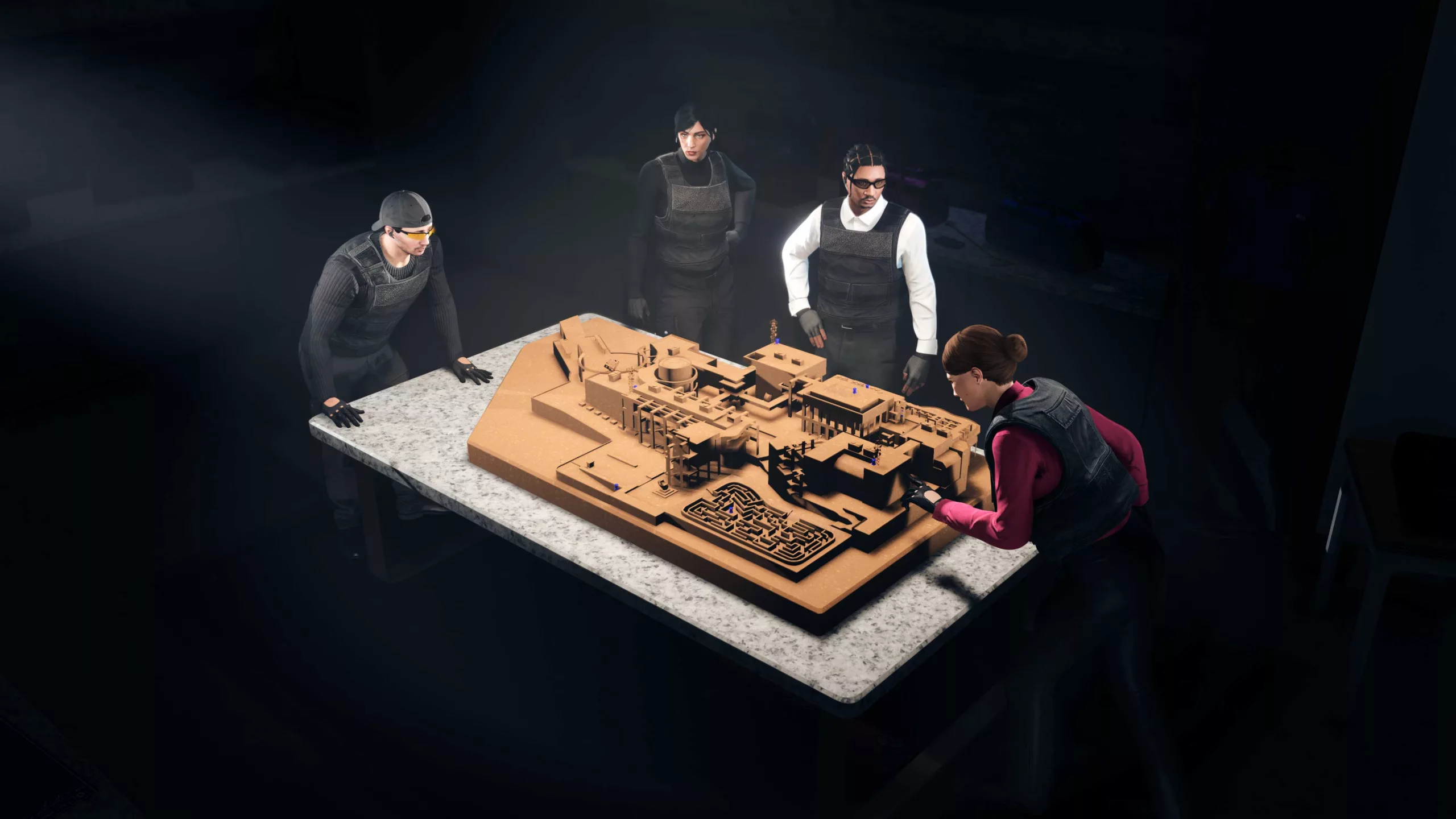 Players around the Kortz Center model before the heist