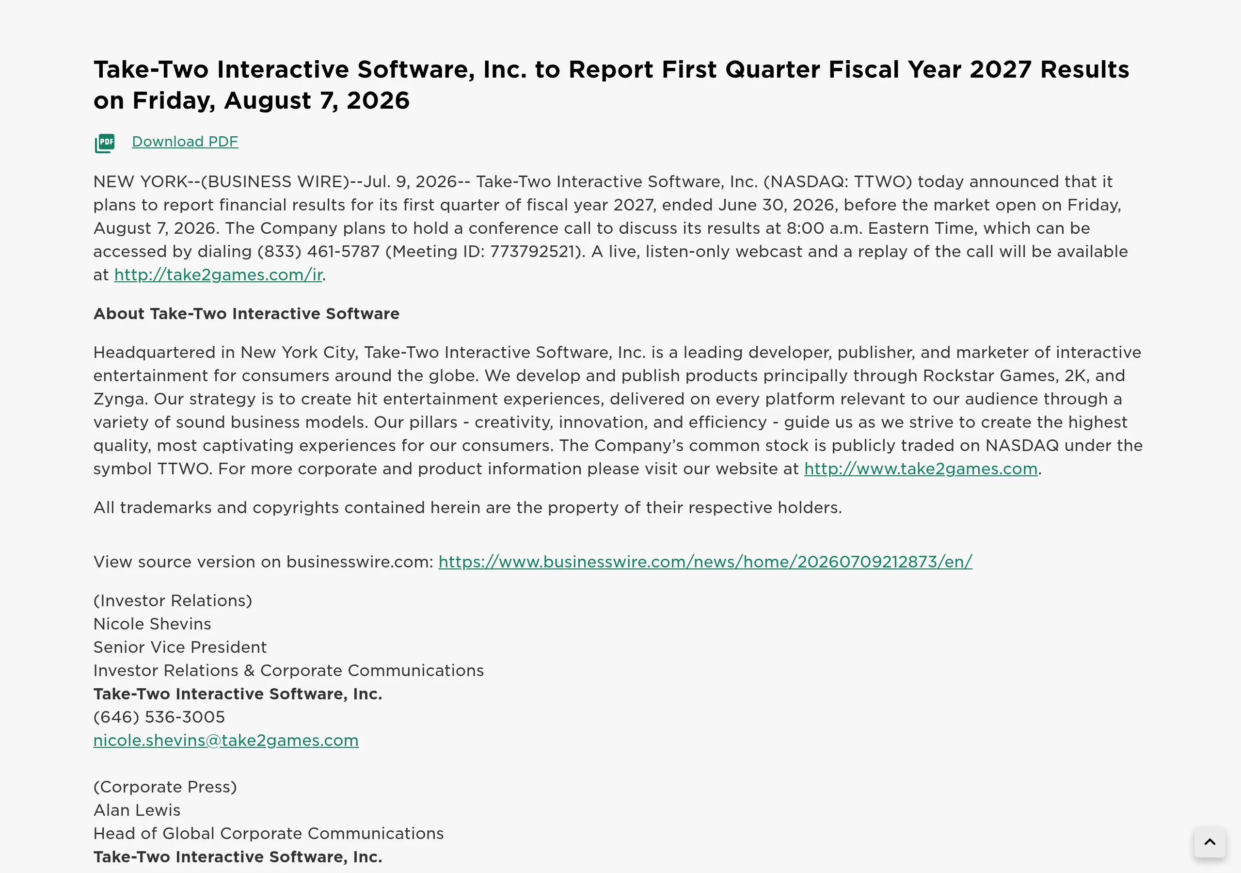 Official Take-Two press release from July 9, 2026 announcing fiscal Q1 2027 results for Friday, August 7, 2026