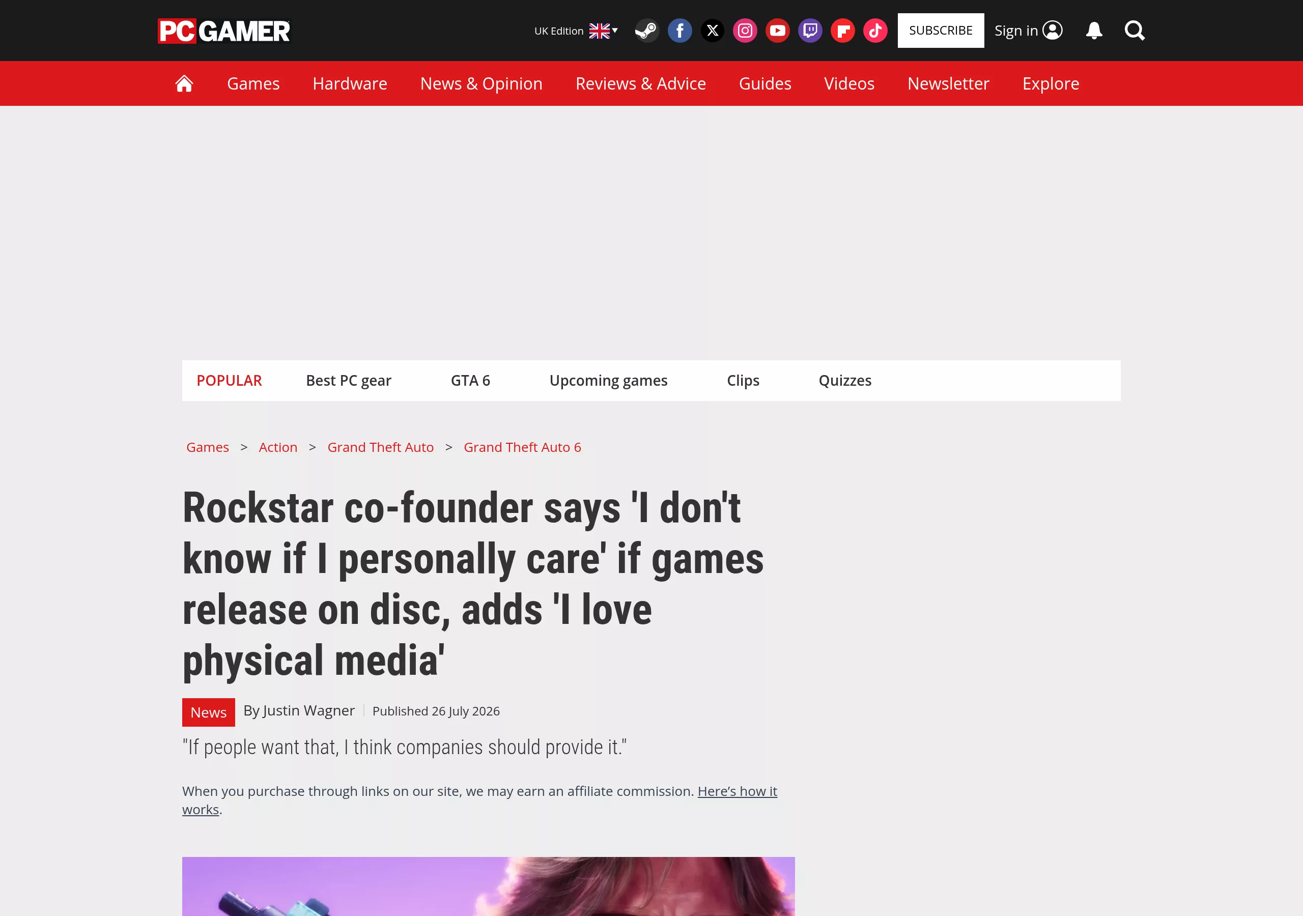 Screenshot of the PC Gamer article about Dan Houser's comments on physical discs