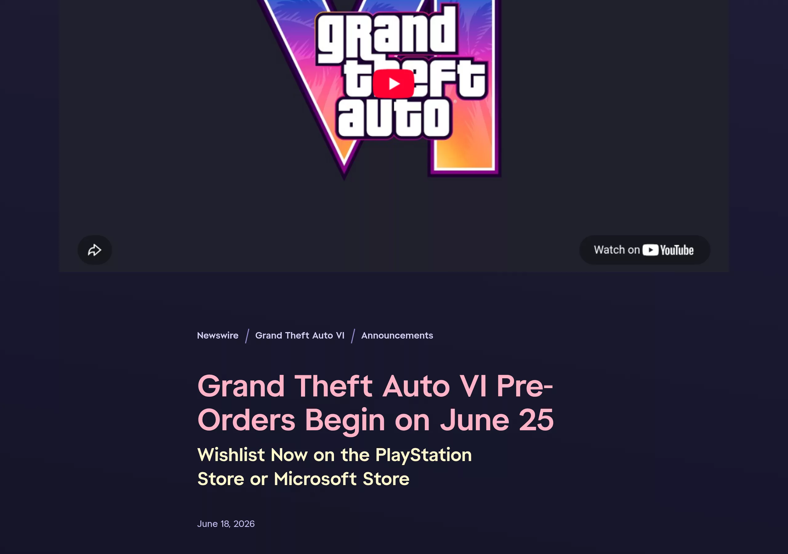 Screenshot of the Rockstar Newswire post announcing the opening of GTA VI pre-orders on June 25