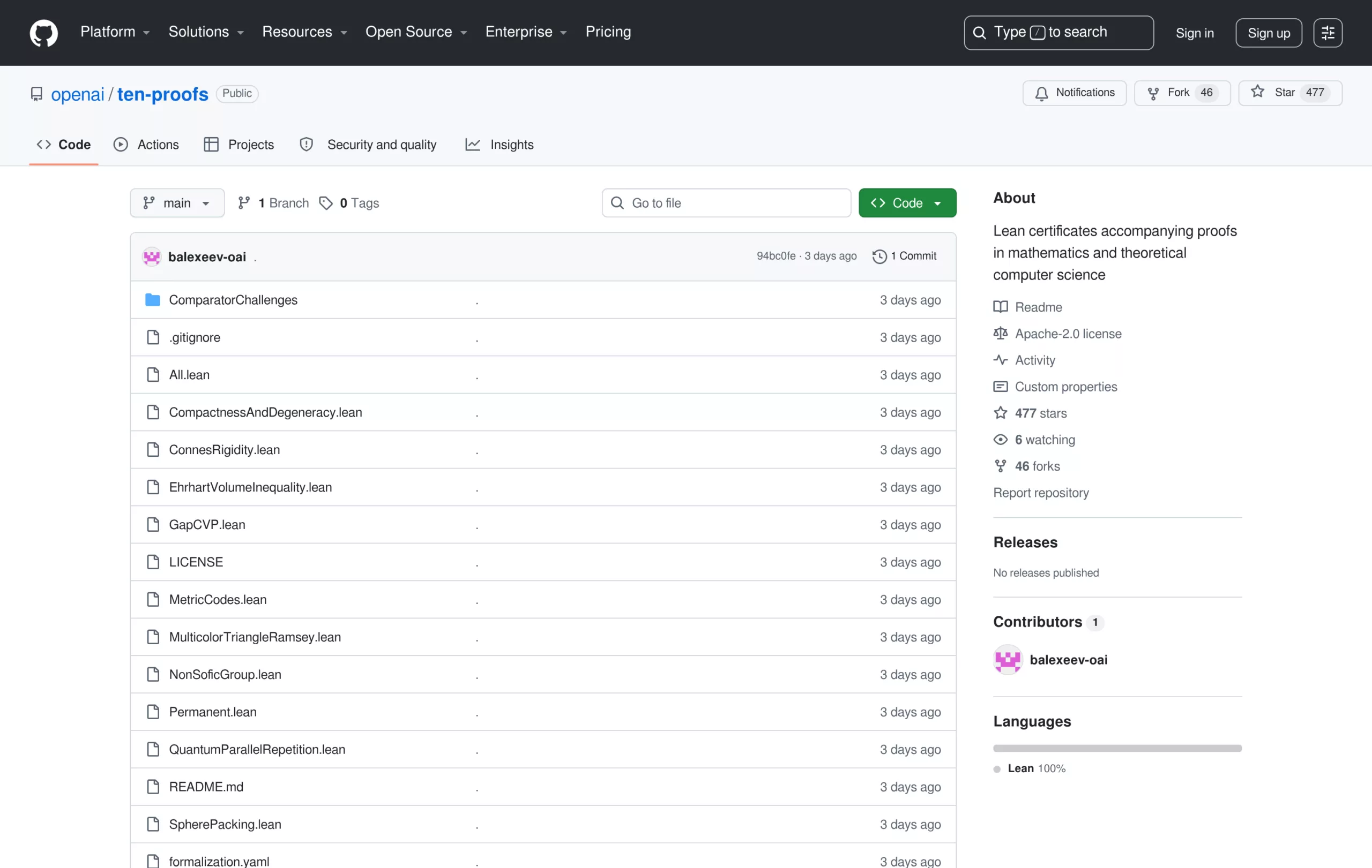 Le dépôt GitHub openai/ten-proofs et ses fichiers de preuve Lean